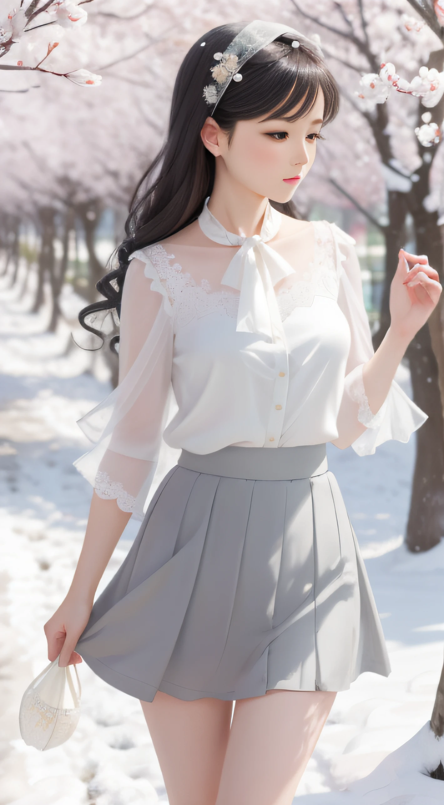 Under the pear blossom tree，Delicate face，fair lady，Gray hair fluttering，A white silk scarf was tied around her neck，Snow-white tulle miniskirt，Stand up，Fan in the right hand
