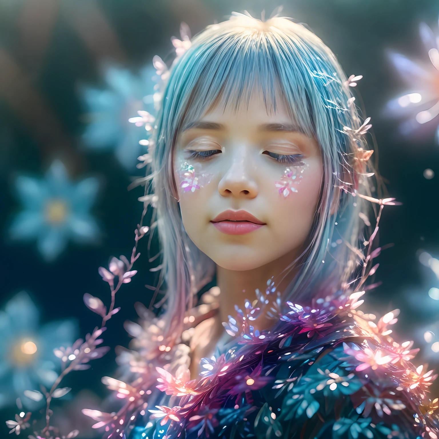 a beautiful girl,Crystal spring flower, Pink white gradient, water drop, Fantastical, galaxies, Transparent, Light blue leaves, brilliance, aqua, colorful, Magical photography of light blue leaves, dramatic illumination, Photo realism, Ultra detailed, depthoffield, high resolusion, parted bangs, silver hair, one eye closed, Sparkle, god rays, projected inset, from above, 4k, anatomically correct, UHD