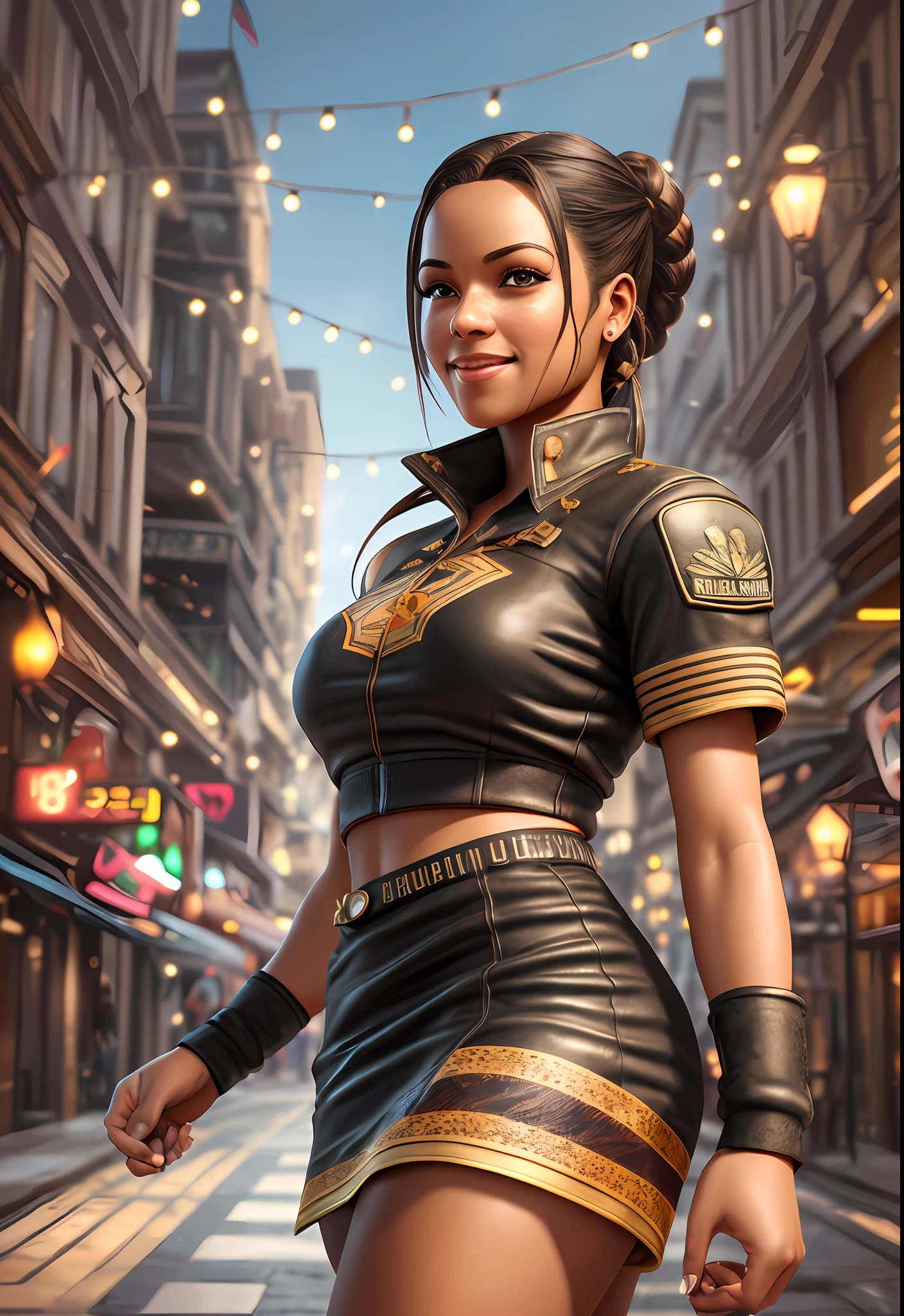 Illustrations hyper realistic, ultra detailed photograph of a BLACK woman being the character cammy from the street fighter game, military clothes, with skirt, showing the whole body, smiling, the afternoon, depth of field, HOF, hall of fame, detailed gorgeous face, scenery of an air base, natural body posture, professional photographer, captured with professional DSLR camera, trending on Artstation, 64k, ultra detailed, ultra accurate detailed, medium bokeh lighting, surrealism, Thomas Kinkade background, urban, ultra unreal engine, WLOP, Pauline Voß, Pascal Quidault, , Christian Schob, Martina Fackova, intricate, epic, freckles, peach fuzz, detailed mascara --auto --s2