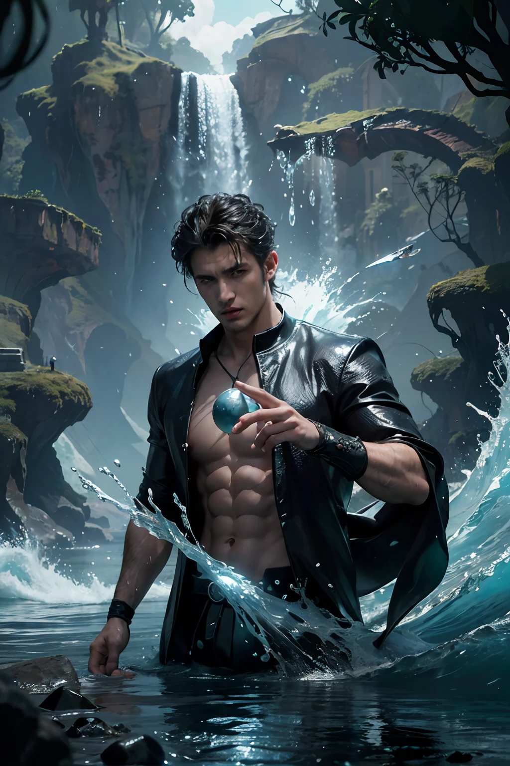 Best quality, masterpiece, ultra high res, waves in background, water dragon, water balls, nature light, photo realistic,
(masterpiece, best quality:1.4),(absurdres, highres, ultra detailed:1.2), (1 handsome man:1.4),(using dark magic:1.4),water magic,playful illustrations, imaginative overlays, artistic fusion,fantastical scenes, evocative narratives, striking visuals, upper body,