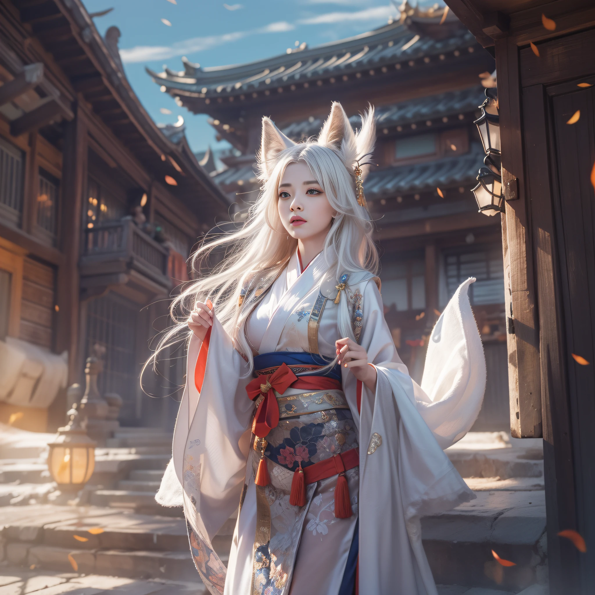 Fox ears white hair girl,Dressed in gorgeous Hanfu, Stand and look into the distance,Quaint building next to it,she has a distant expression, profile pose,highly detailed,tmasterpiece,hyper-high detail,illustratio,dynamic angle,world mastery theater,Long messy hair,best qualtiy,the Extremely Detailed CG Unity 8K Wallpapers,电影灯光,lens flare glow,highly detailed,Amazing, complex, elite, Art Nouveau, elegant, Luxurious, greg rutkovsky, Vector art beautiful character design, Dual exposure shooting, Luminous design, winning artwork, tmasterpiece,