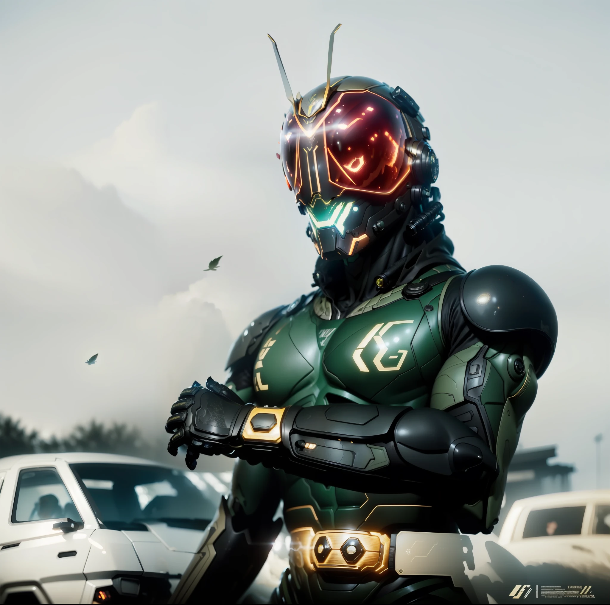 (sfv), 8K, RAW photo, Fujifilm Timeless style photo,  (Dark:1.4), (Backlit photography:1.4), (facingviewer:1.2), full bodyesbian ,(Kamen Rider:1.1), Grasshopper mask, Multicolored (exosuit:1.2) There are neon eyes, Armored (Belts and gloves:1.1), Outdoor,  Fighting stance, (Highly detailed:1.4), BREAK by Alyssa Monks , Anne Swinnerten , beatrix potter , Andrea Mantenia , Marco Mazzoni , Sarah Wolfak , Carlos Cruz-Dez , Saturn Bhutto , John Totleben , sandstorms