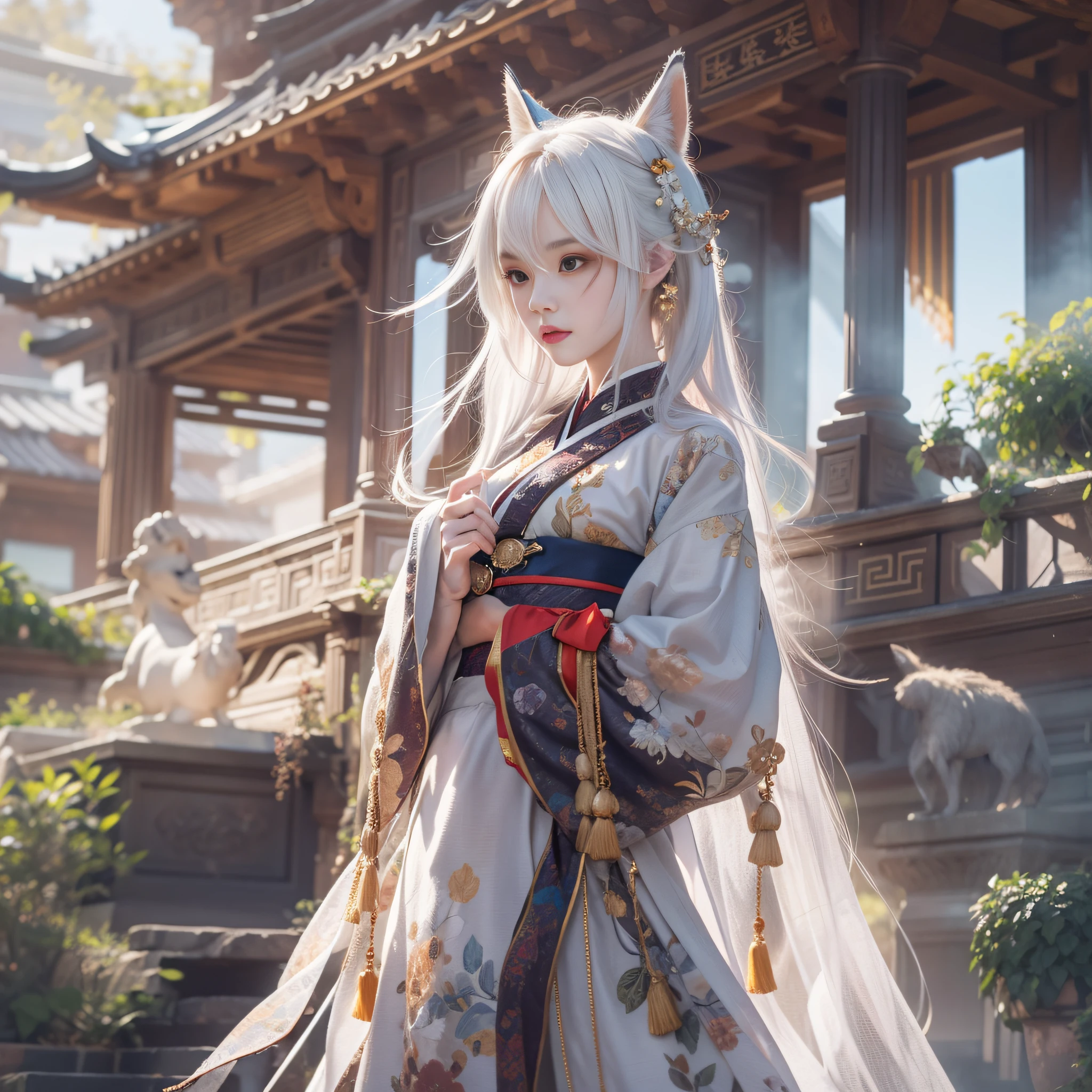 Fox ears white hair girl,Dressed in gorgeous Hanfu, Stand and look into the distance,Quaint building next to it,she has a distant expression, profile pose,highly detailed,tmasterpiece,hyper-high detail,illustratio,dynamic angle,world mastery theater,Long messy hair,best qualtiy,the Extremely Detailed CG Unity 8K Wallpapers,电影灯光,lens flare glow,highly detailed,Amazing, complex, elite, Art Nouveau, elegant, Luxurious, greg rutkovsky, Vector art beautiful character design, Dual exposure shooting, Luminous design, winning artwork, tmasterpiece,