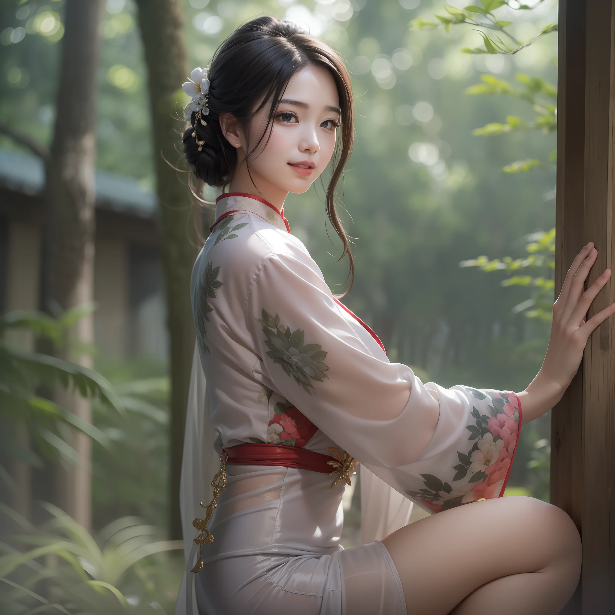 top-quality, ​masterpiece, 超A high resolution,Real Photorealistic, 女の子 1 人、One Woman,Ao Dai,Sheer,crouching down,sexy  pose,put hands behind head,tits out,Large breasts,,Whole body,gleaming skin,Smiling,embarrassed,upward-eyed,Seductive smile,naughty expression,excited,Flushed cheeks,from the front side,Focusing,forest,shrines,masutepiece, extremely fine and beautiful,Photorealistic