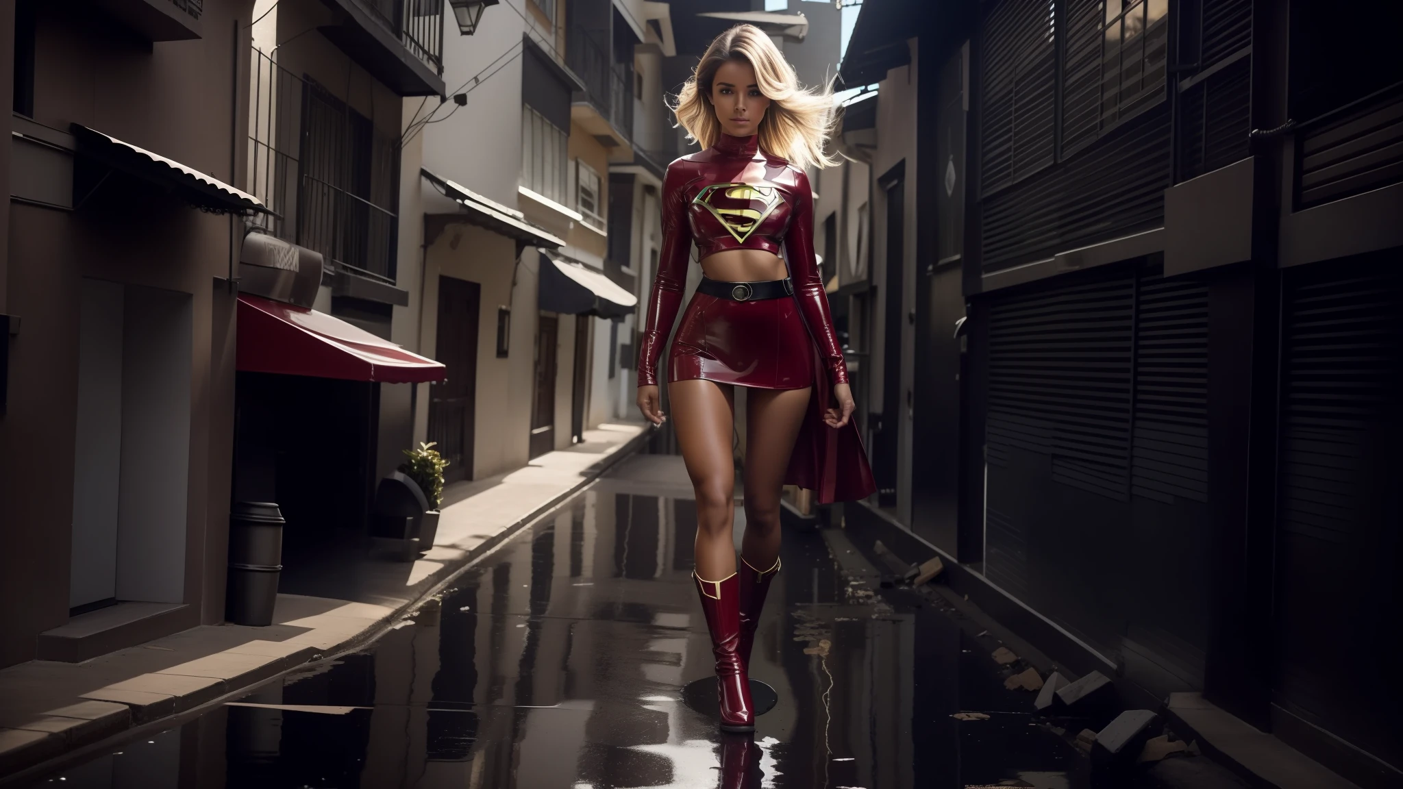 Mulher jovem, rosto perfeito, bonita, athletic, cabelos loiros, coxas grossas, middlebreasts, cintura estreita, usando top de latex com S de supergirl no peito, top de mangas longas, saia de latex preta, minissaia, saia curta, saia justa, roupas curtas, pernas bonitas, pernas nuas, abdome definido, abdome exposto, magra, elegante ambiente urbano, luz do dia