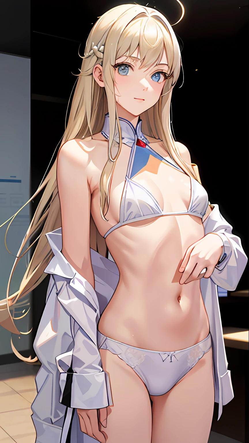 (realisitic: 1.4), (masterpiece, side lights, Fine and beautiful eyes: 1.2), masterpiece*portlate、realisitic, 3D 顔, Luminous Eyes, Shiny hair, Skin falls out, 独奏、embarrassed from, (upper abdominals), White underwear, (small tits)、blonde hair、(A Princess)