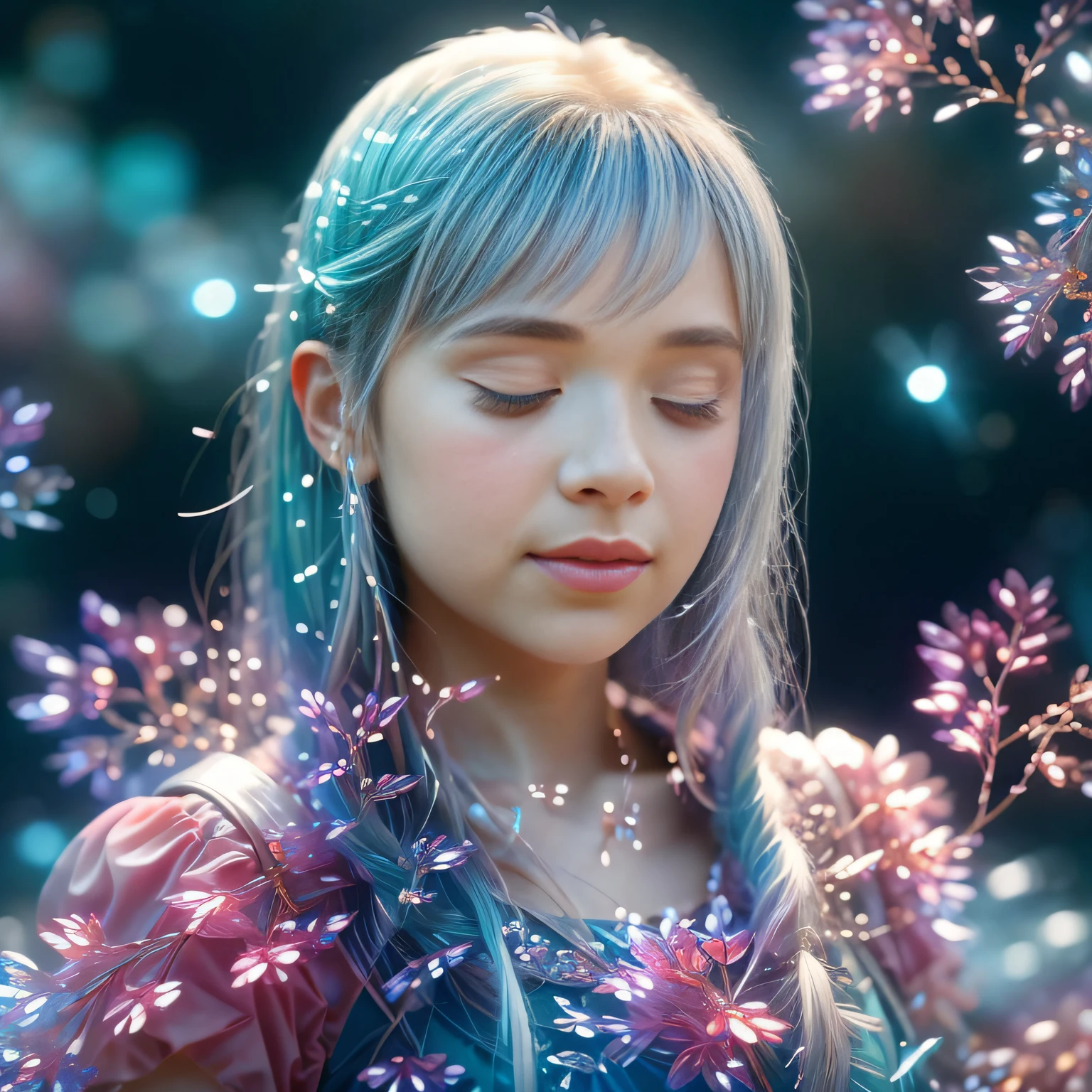 a beautiful girl,Crystal spring flower, Pink white gradient, water drop, Fantastical, galaxies, Transparent, Light blue leaves, brilliance, aqua, colorful, Magical photography of light blue leaves, dramatic illumination, Photo realism, Ultra detailed, depthoffield, high resolusion, parted bangs, silver hair, one eye closed, Sparkle, god rays, projected inset, from above, 4k, anatomically correct, UHD