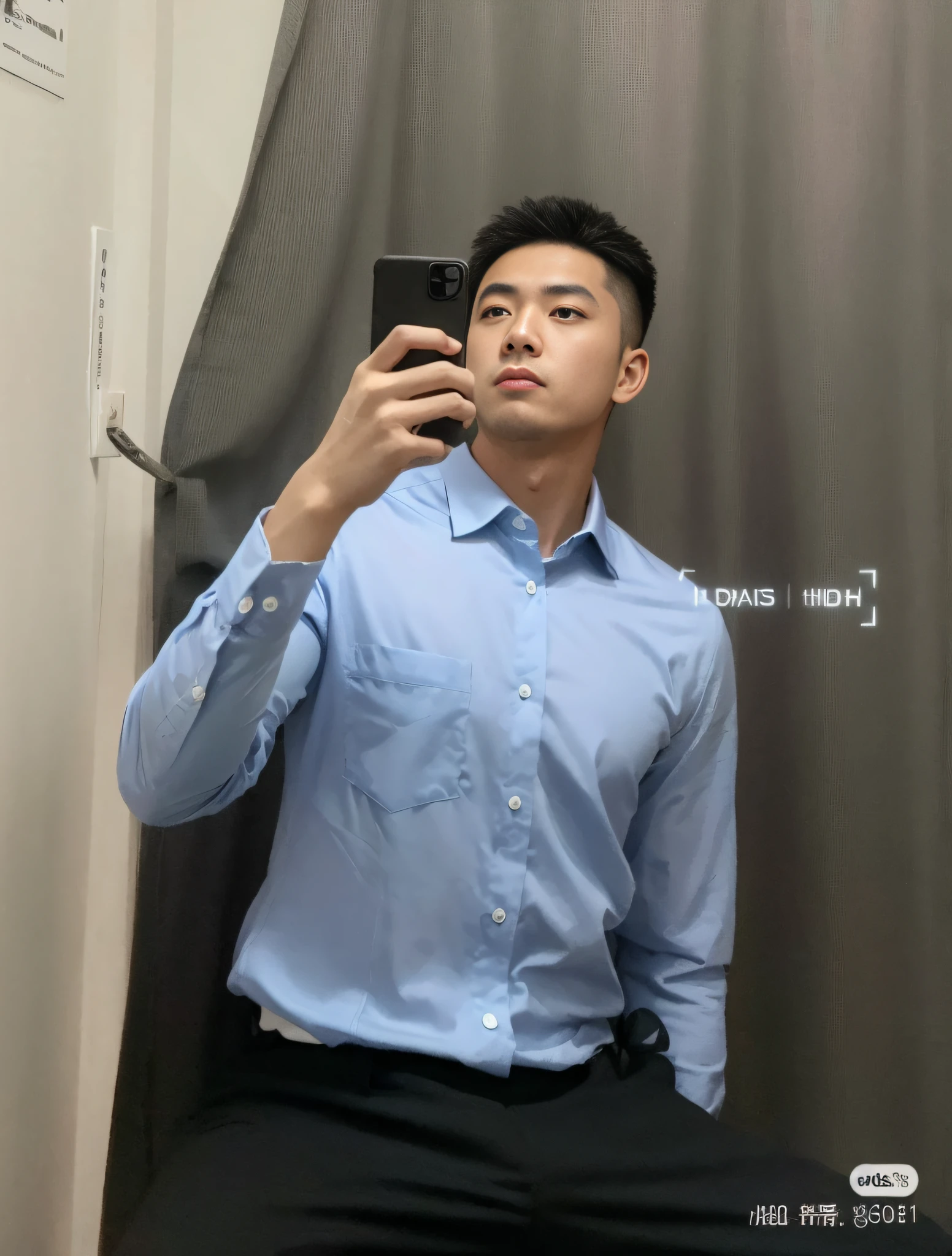 Arafed man in blue shirt taking a selfie in the mirror, wearing a light blue shirt, Blue shirt, wearing shirt, Dress shirt, instagram post, handsome chad chin, dark blue shirt, in blouse wearing, uniform plain sky, he wears a blue shirt, 2 , steve zheng, 2 7 years oldeen,Vertical painting shadows,Perspectiva subjetiva,atmospheric distance sense,hyper HD,Textured skin,HighestQuali,high detal,The eyes are bright and alert,Ray traching,Multiple monochromes,Cinematic lighting effects,Star temperament