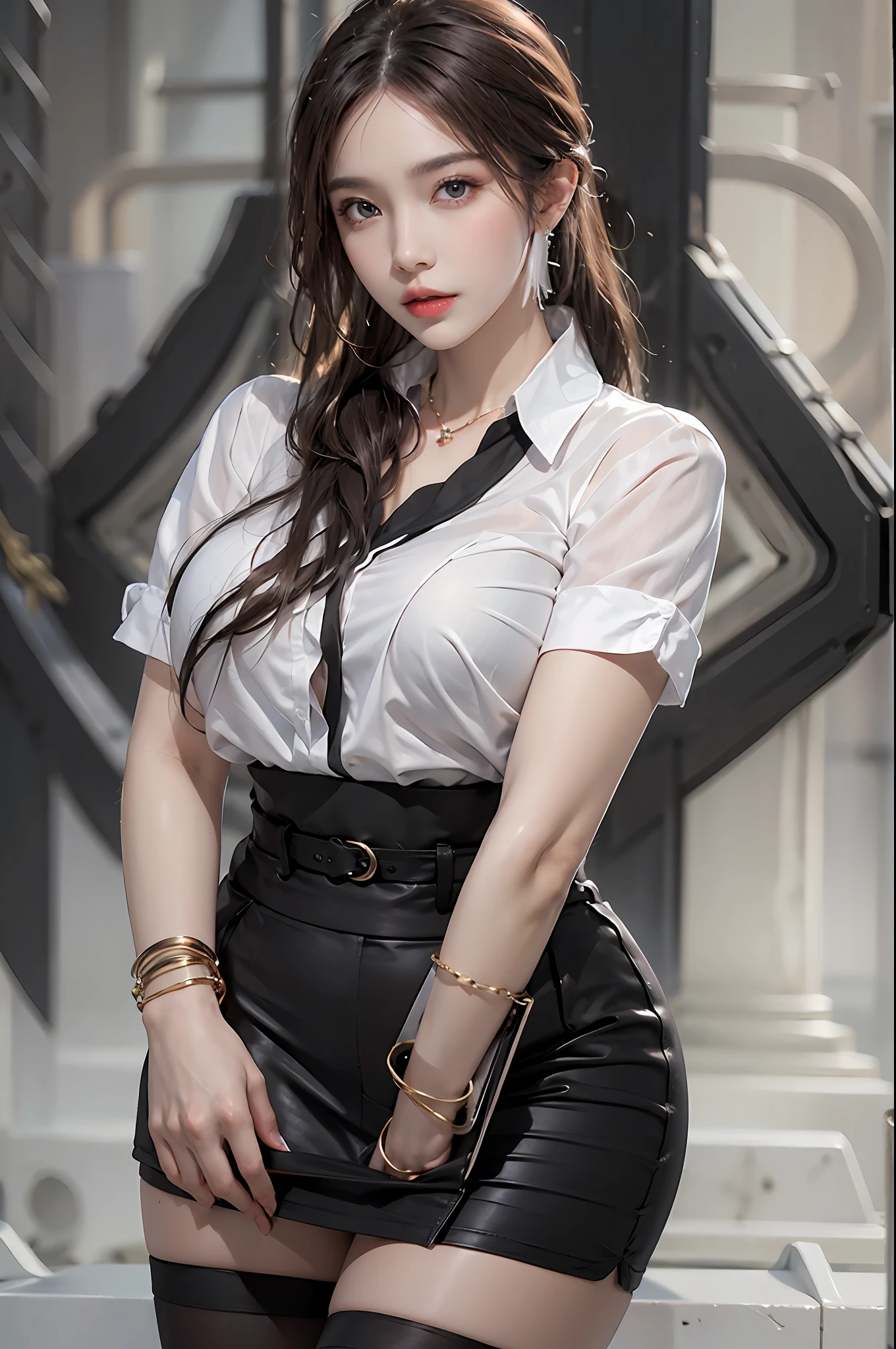 photorealistic, high resolution, 1 woman, solo, hips up, beautiful eyes, long hair, huge breast, bracelets,elegant necklace, elegant diamond earrings, Secretary uniform, white shirt, black skirt, black stockings