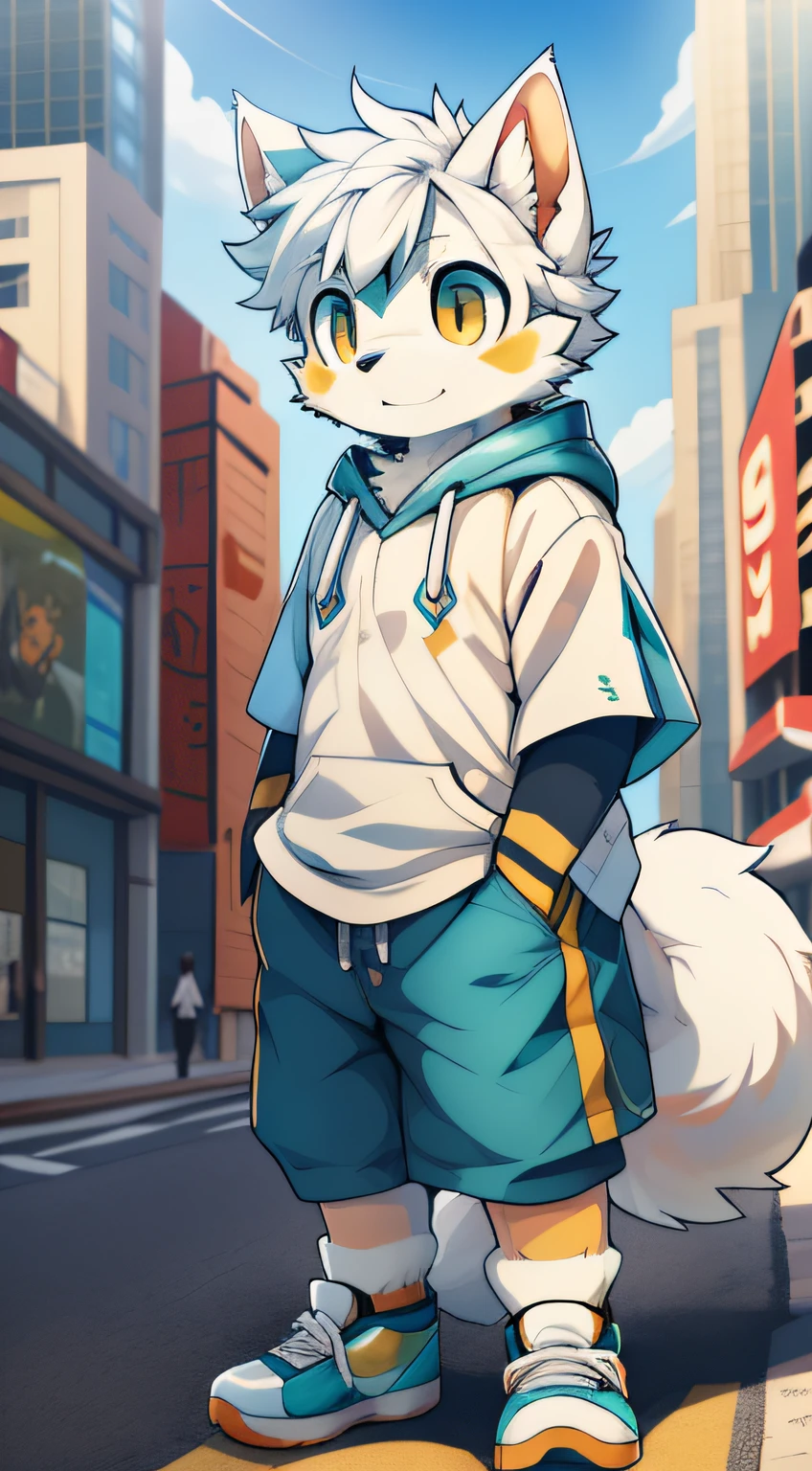 （Clear cyan eyes）， White hair， White dog tail， {Short white sleeves with pockets，}，White cropped pants，exteriors，Sunny environment:0.8),masterpiece,high quality,abstract res,digital painting\(artwork\), by dagasi, yupa,kiyosan,(anthro,fluffy fur,character focus:1.1),anthro male cat,short hair,portrait , eyes with brightness, in a panoramic view, Character focus.(detailedbackground:Large cities 0 during the day.7), 独奏, shaggy, shaggy male, malefocus, anthr,(Full Body Furry, Fluffy big tail, White fur,adolable ，Dog nose，Yellow doji eyes,Cute, bright and big eyes with God， black color hair:1.2), (long canines、Dog Samoyed、White hooded T-shirt、white ultra short pants、White shoes、White rounded ears、White hair all over the body：1.2），（external、big city，In the daytime，time square：1.1