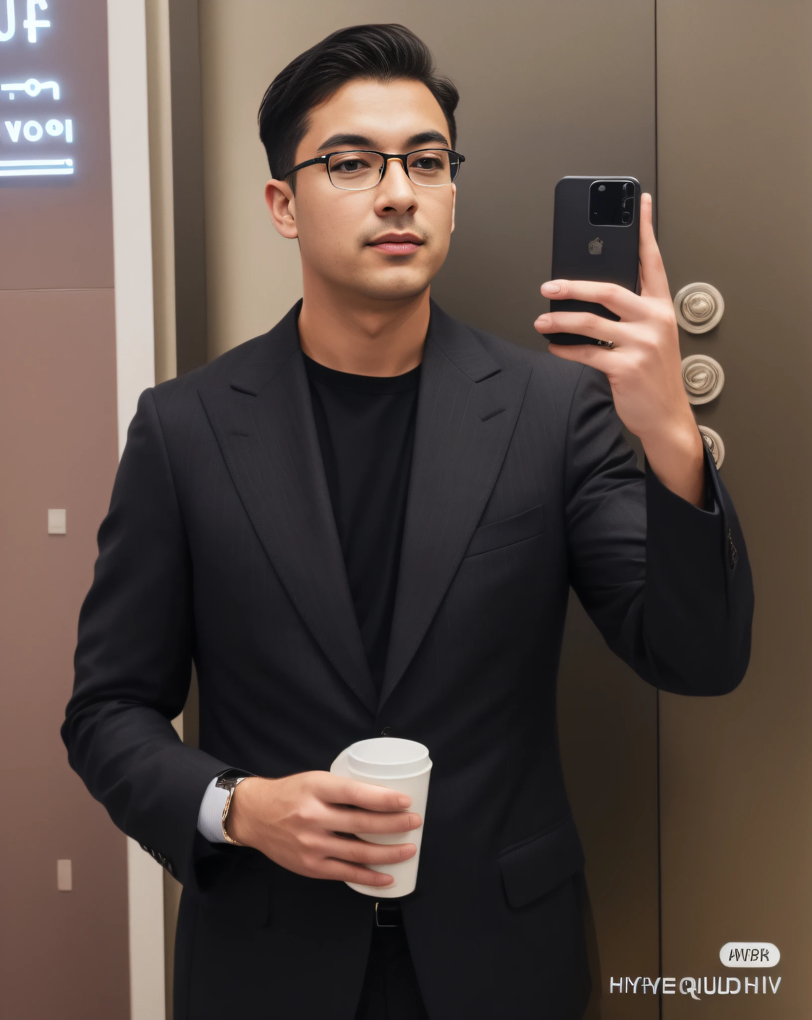 Allad man in suit takes a selfie with his mobile phone, wearing a suit and glasses, Business suit,Wears black glasses, dressed in a suit, wearing black suits, wearing black grey suit, wearing black suits, dressed in a suit, wearing causal black suits, wearing a fancy black jacket, wear suit, Wearing a black suit, Wearing a black aristocratic suit retina screen,Vertical painting shadows,Perspectiva subjetiva,atmospheric distance sense,hyper HD,Textured skin,HighestQuali,high detal,The eyes are bright and alert,Ray traching,Multiple monochromes,Cinematic lighting effects,Star temperament