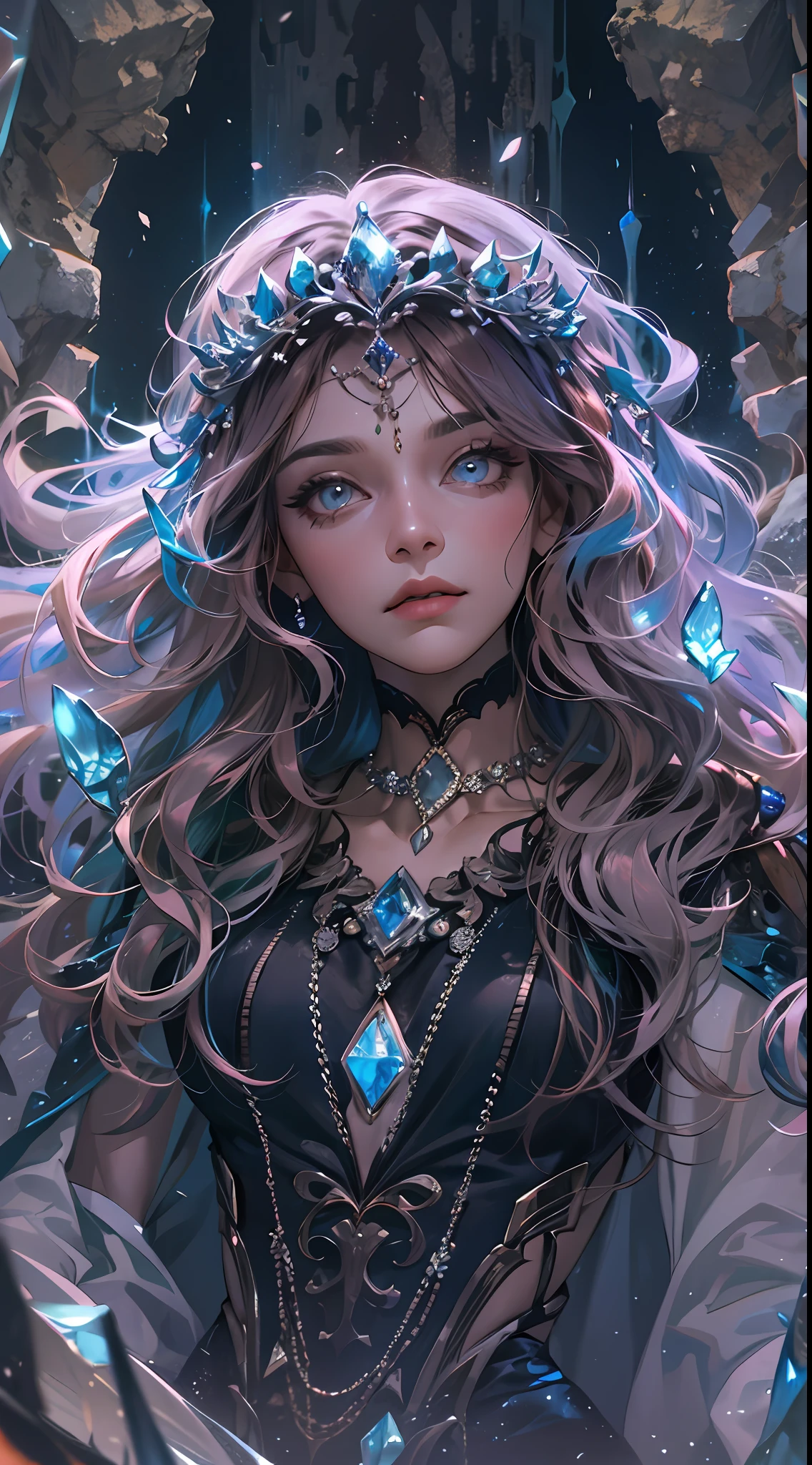 (absurdres, highres, ultra detailed), 1woman, mature female, aged up, wavy long hair, auburn hair, coral eyes, bangs, long sleeves, finely detailed eyes and detailed face, extremely detailed CG unity 8k wallpaper, intricate details, (style-swirlmagic:1.0),  looking at viewer, solo, upper body, detailed background, close up,  detailed face, (gothic dark ages theme:1.1), crystal sorcerer,  dynamic pose, earth themed clothes, crystal crown,  floating in the air, glowing magical shards, surrounded by blue magical crystals,  rock formations, stalactites,  magical floating particles, crystal glass,  crystal sphere, crystal canyon background, (shallow water:0.7),  epic ethereal atmosphere,   updraft,, portrait