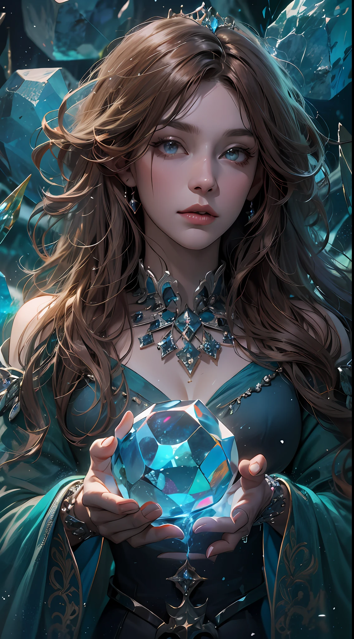 (absurdres, highres, ultra detailed), 1woman, mature female, aged up, wavy long hair, auburn hair, coral eyes, bangs, long sleeves, finely detailed eyes and detailed face, extremely detailed CG unity 8k wallpaper, intricate details, (style-swirlmagic:1.0), looking at viewer, solo, upper body, detailed background, close up, detailed face, (gothic dark ages theme:1.1), crystal sorcerer, dynamic pose, earth themed clothes, crystal crown, floating in the air, glowing magical shards, surrounded by blue magical crystals, rock formations, stalactites, magical floating particles, crystal glass, crystal sphere, crystal canyon background, (shallow water:0.7), epic ethereal atmosphere, updraft,, portrait