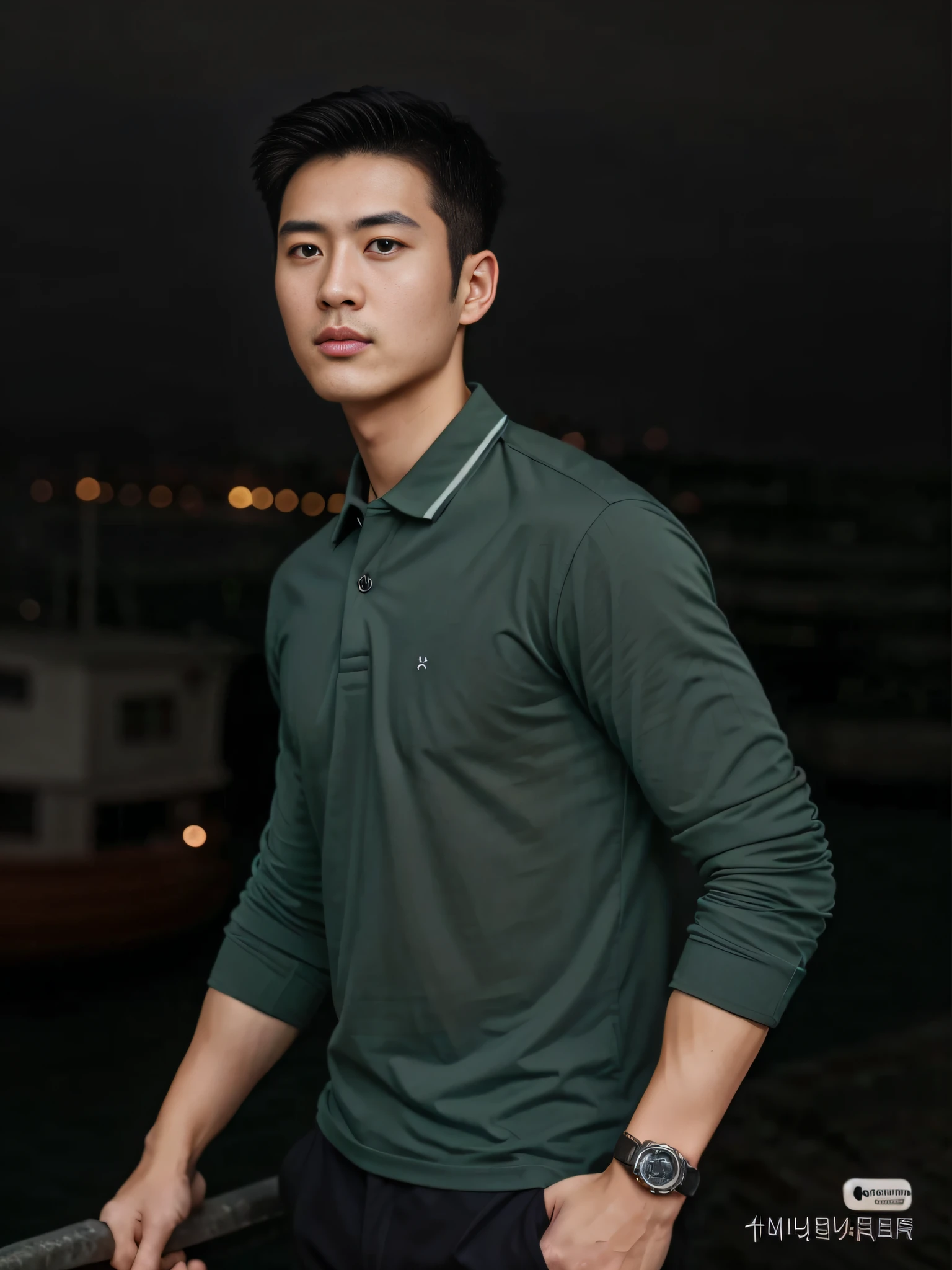 An Alafard man in a green shirt stands in front of the boat, in a dark green polo shirt, Inspired by Zhang Han, inspired by Adam Dario Keel, South Korean male, hyung tae, handsome chad chin, in a dark teal polo shirt, siwoo kim, Wearing a polo shirt, inspired by Kim Eung-hwan, Official product image, Hong Junheng retinal screen，Vertical painting shadows，Perspectiva subjetiva，atmospheric distance sense，hyper HD，Textured skin，HighestQuali，high detal，The eyes are bright and alert，Ray traching，Multiple monochromes，Cinematic lighting effects，Star temperament