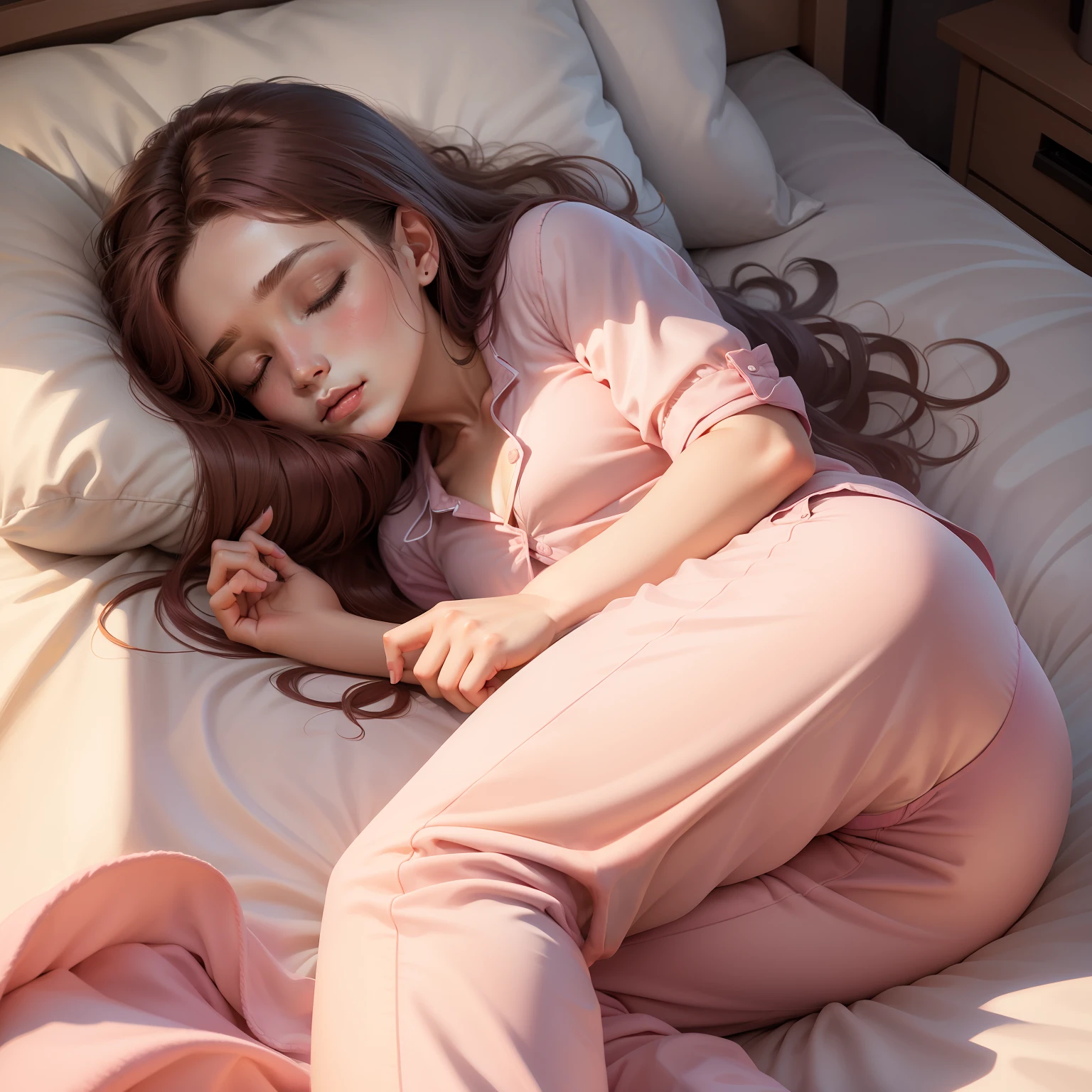 Sleeping girl, 22 years old, realistic, she is wearing long pants, she is wearing pink pajama, brown hair.