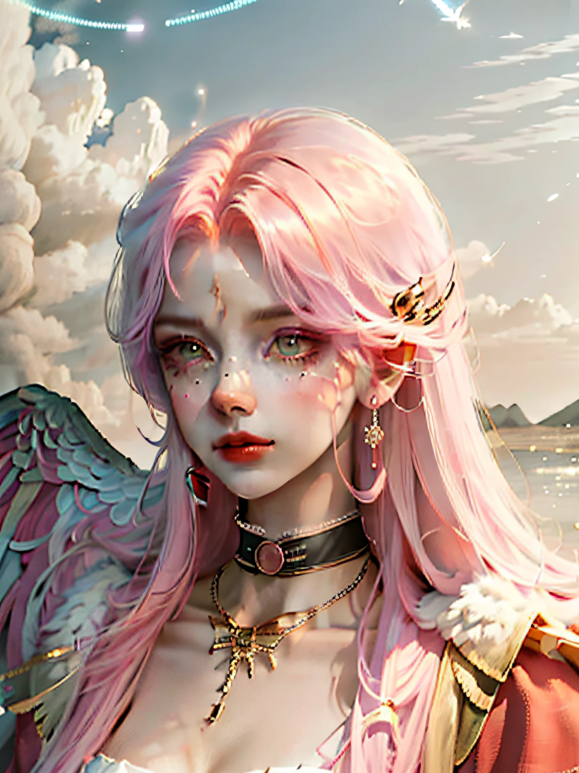 （best qualtiy，8k，32k，tmasterpiece，UHD：1.2），angel and demon，Pink hair oversized_sweater，choker necklace，Skysky，The halo，wings