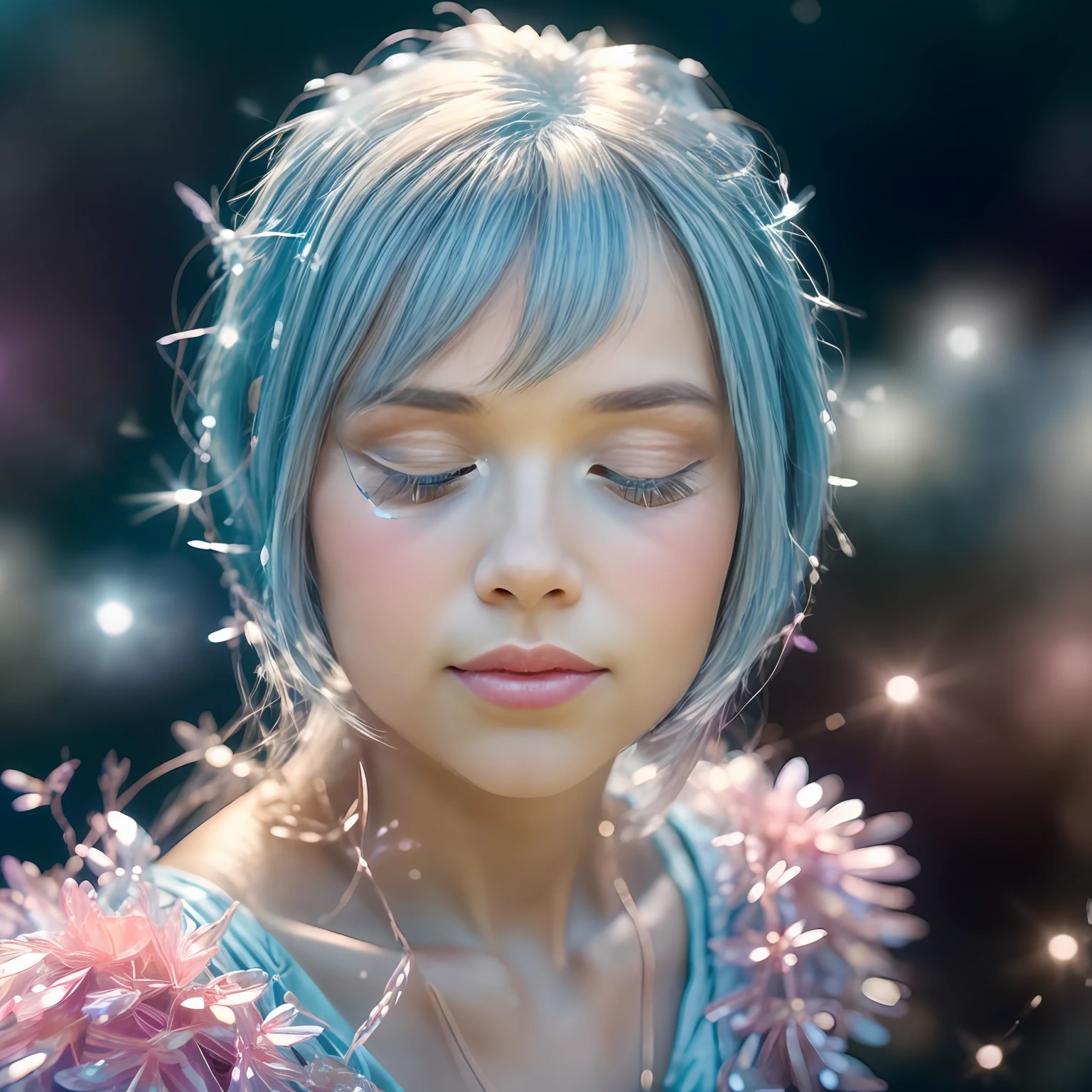 a beautiful girl,Crystal spring flower, Pink white gradient, water drop, Fantastical, galaxies, Transparent, Light blue leaves, brilliance, aqua, colorful, Magical photography of light blue leaves, dramatic illumination, Photo realism, Ultra detailed, depthoffield, high resolusion, parted bangs, silver hair, one eye closed, Sparkle, god rays, projected inset, from above, 4k, anatomically correct, UHD,beach