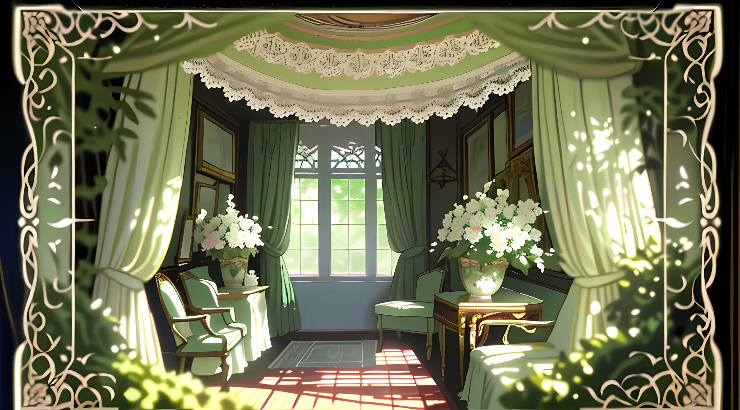 (tmasterpiece,best qualtiy),(tmasterpiece,best qualtiy),In the shade of green trees、In a European-style garden full of flowers,Flying flowers,Lace curtains,Vintage photo frame,warmly lit,white blossoms,Blurred foreground,Movie lighting,Ultra detailed,Beautiful lighting,quill,Vintage envelope,warmly lit,Blurred foreground