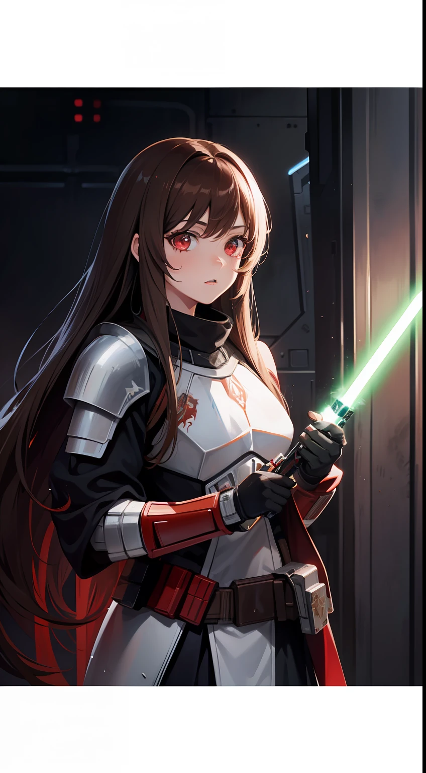 young girl, long brown hair, red eyes, Tattoos are white, Mandalorian armor, Rage, Lightsaber, Masterpiece, hiquality
