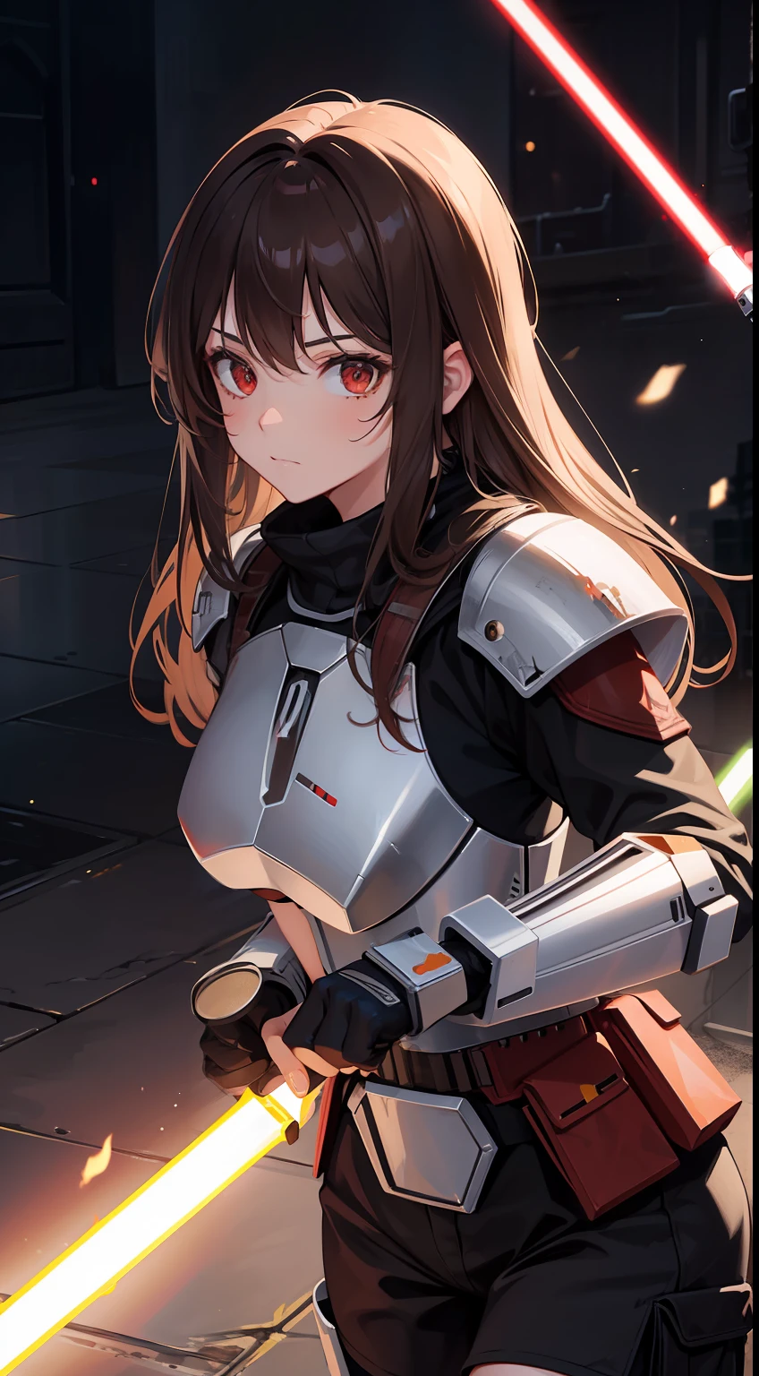 young girl, long brown hair, red eyes, Tattoos are white, Mandalorian armor, Rage, Lightsaber, Masterpiece, hiquality