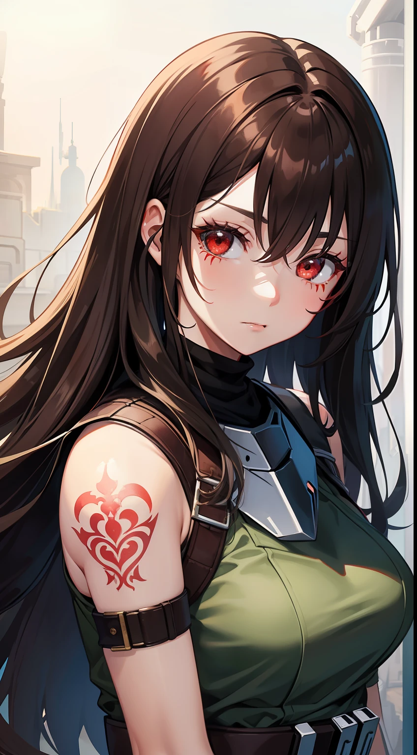 young girl, long brown hair, red eyes, Tattoos are white, Mandalorian armor, Rage, Lightsaber, Masterpiece, hiquality