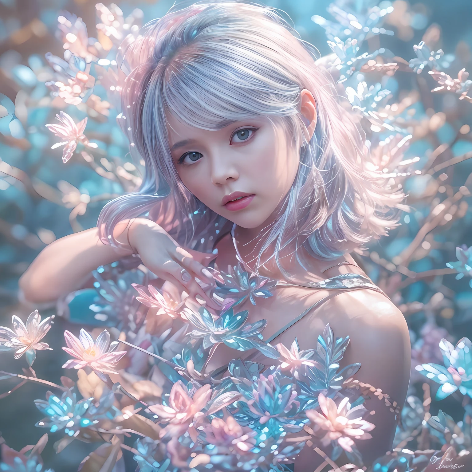 a beautiful girl is sitting on the beach,Crystal spring flower, Pink white gradient, water drop, Fantastical, galaxies, Transparent, Light blue leaves, brilliance, aqua, colorful, Magical photography of light blue leaves, dramatic illumination, Photo realism, Ultra detailed, depthoffield, high resolusion, parted bangs, silver hair, Sparkle, god rays, projected inset, from above, 4k, anatomically correct, UHD