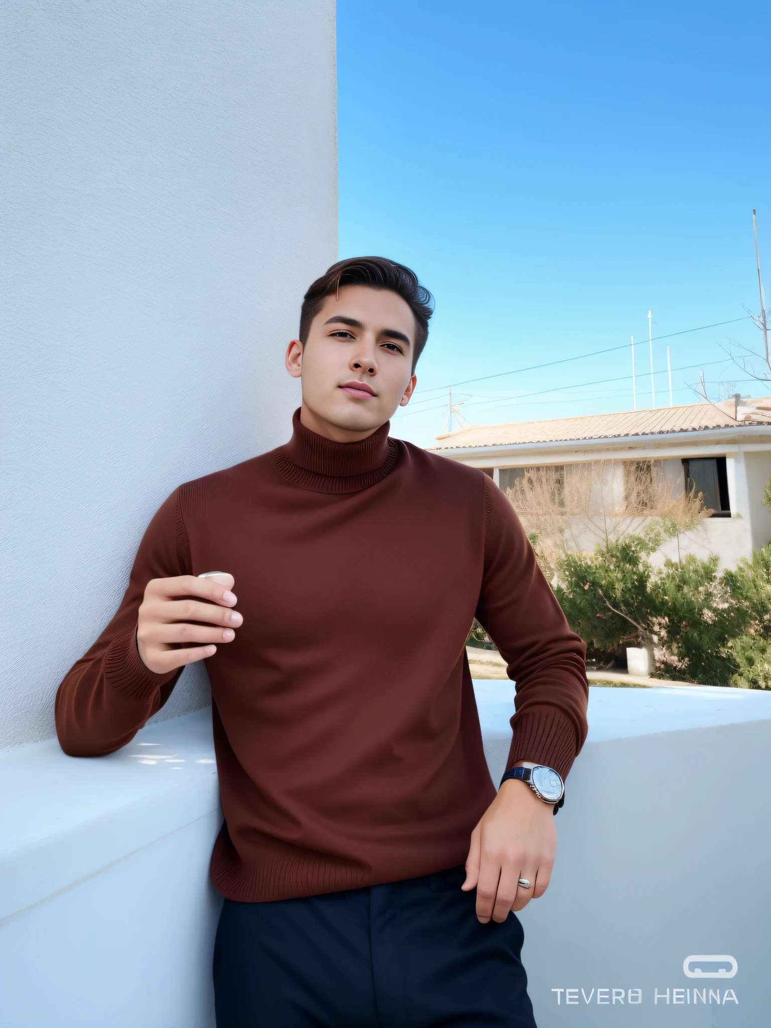 Arafeld man leaning against a wall in a brown turtleneck sweater, he is wearing a brown sweater, wear a  turtleneck, brown sweater, mid shot portrait, handsome chad chin, South Korean male, #overclocking, # overclocking, height of 165cm, 155 cm tall, in white turtleneck shirt, Brown hair retina screen，Vertical painting shadows，Perspectiva subjetiva，atmospheric distance sense，hyper HD，Textured skin，HighestQuali，high detal，The eyes are bright and alert，Ray traching，Multiple monochromes，Cinematic lighting effects，Star temperament