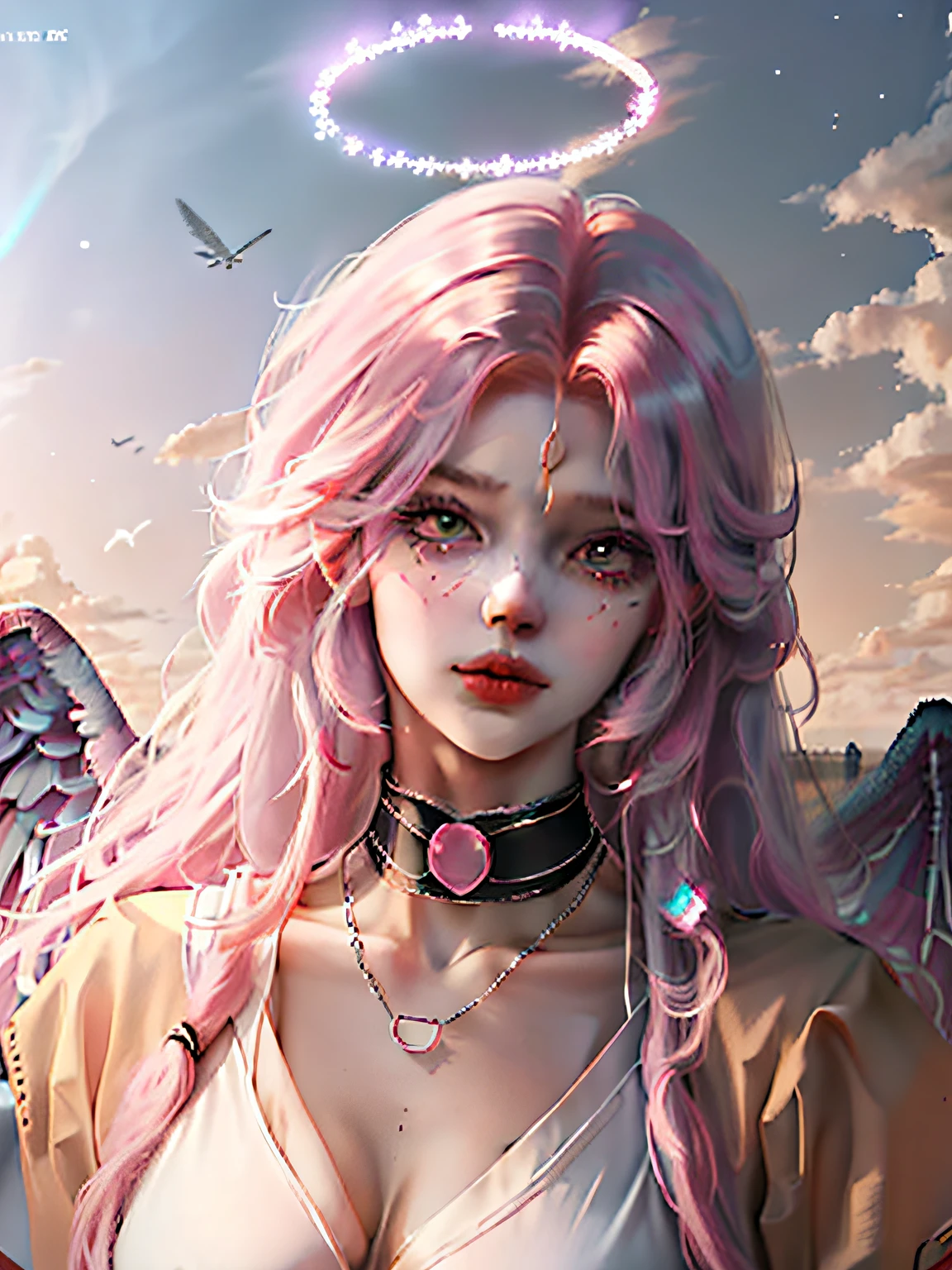 （best qualtiy，8k，32k，tmasterpiece，UHD：1.2），angel and demon，Pink hair oversized_sweater，choker necklace，Skysky，The halo，wings