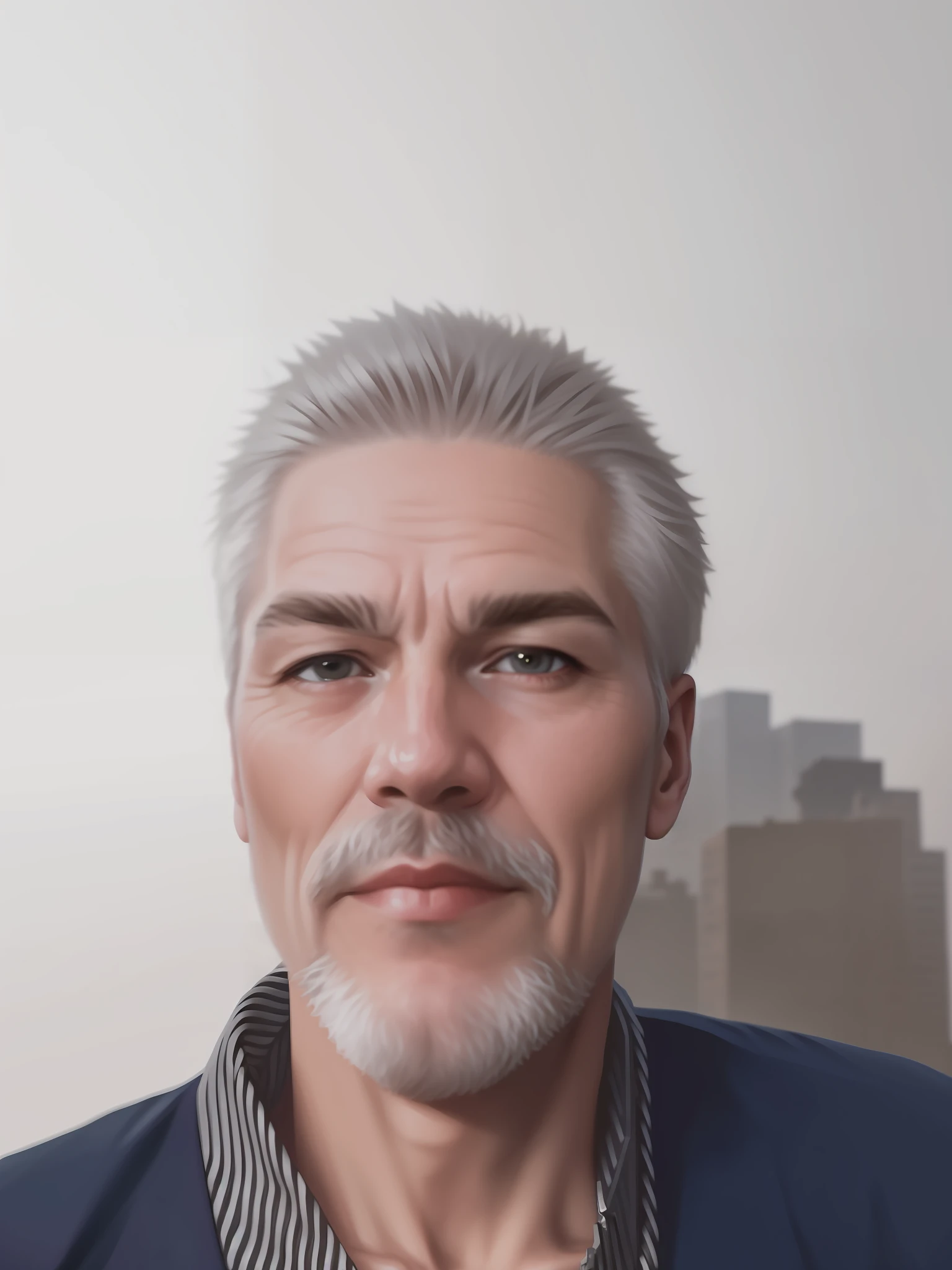 RAW photo, a close up portrait photo of brutal 63 y.o man in wastelander clothes, long haircut, pale skin, slim body, background is city ruins, (high detailed skin:1.2), 8k uhd, dslr, soft lighting, high quality, film grain, Fujifilm XT3