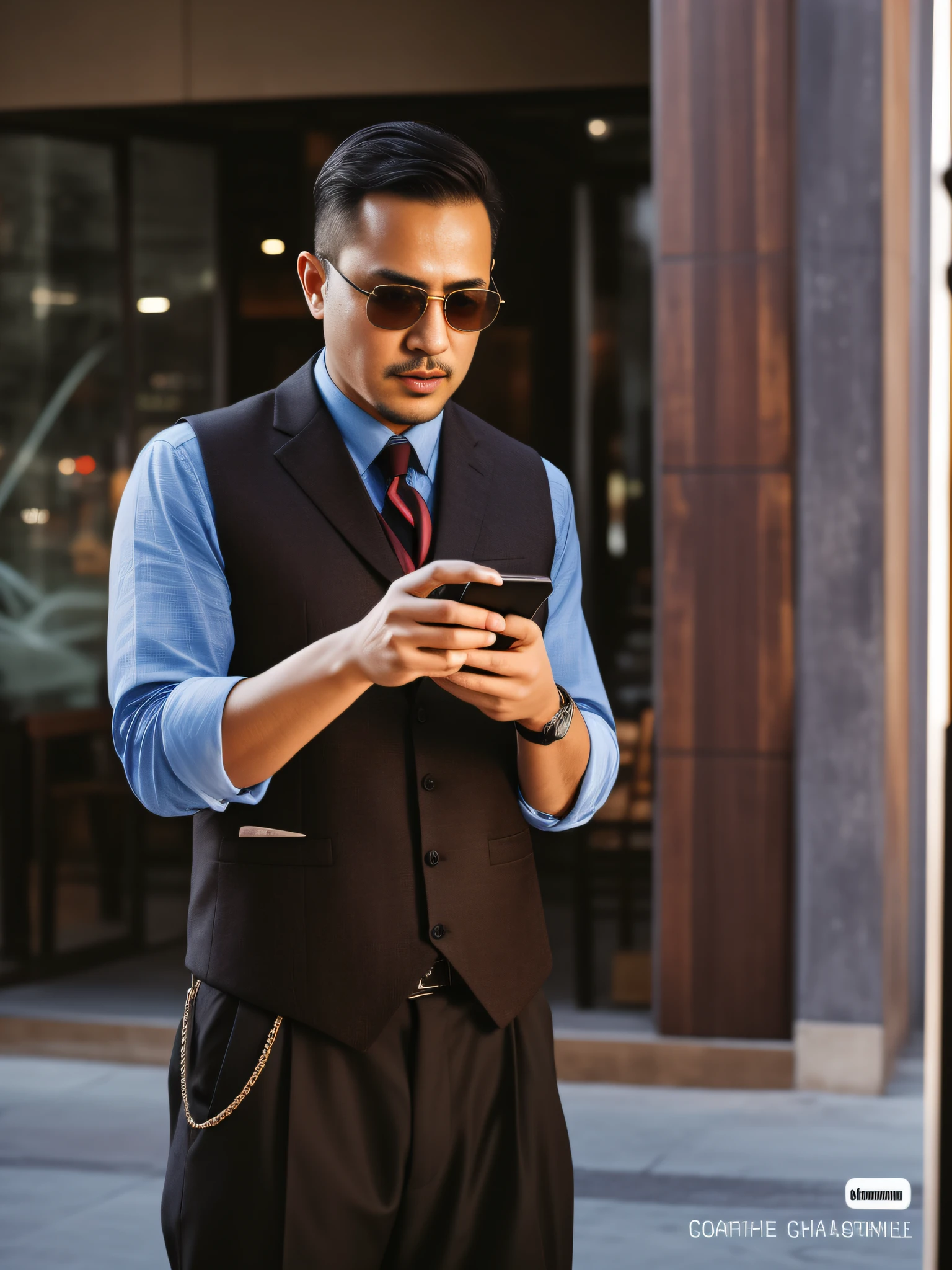 The Arad man in a vest and tie looks at his phone, style kim jung gi, wearing a vest, wearing a vest, Brown suit vest, wearing suit vest, Wearing a vest, wearing a vest and a tie, smart casual, in style of kar wai wong, suit vest, style of doug chiang, no shirt under the vest, : 5 stylish retina screens,Vertical painting shadows,Perspectiva subjetiva,atmospheric distance sense,hyper HD,Textured skin,HighestQuali,high detal,The eyes are bright and alert,Ray traching,Multiple monochromes,Cinematic lighting effects,Star temperament
