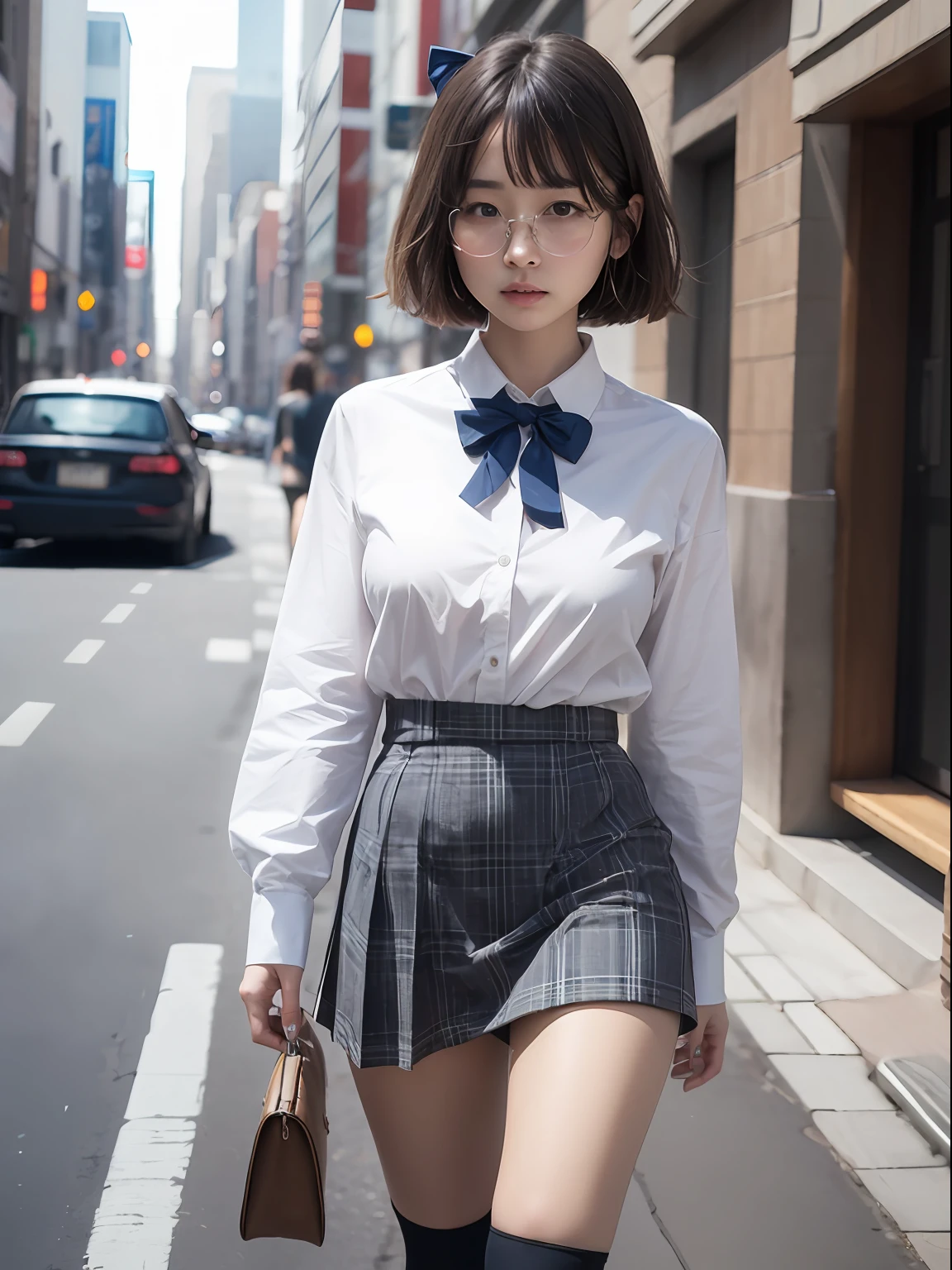 (8K、Raw photography、top-quality、masterpiece:1.2),absurderes,a small face,small tits,flat breast,Parting the bangs from the middle、Forehead visible,(Tight eyes,Bullish,skinny,Rasping,irate)、masterpiece,top-quality、超A high resolution,Raw photo,ren,Beautiful fece,One Person, 独奏,eye glass,,Dark look,Small breasts,fullllbody,Round glasses、cute little、A Japanese Lady,is standing,(Tight eyes,Bullish,skinny,Rasping,irate,small tits,flat breast)、(Photorealsitic:1.37)、Photon mapping,Light blue ribbon,Realistic、Cute little face,Brown-eyed、Black socks、(Red bow tie)、Radio City、Physically Based Rendering、Foreground、depth of fields、Blurry background、a picture,The girls、Body, Long legs, Thin leg,bob cuts,(Bangs are visible), hair, s lips, Blue_The eye, nosesoft,White shirt, Navy blue and white plaid pleated skirt, Knees are visible,Sheer clothing,, Thigh, Black cotton socks,Nogizaka Idol, 女優, Japanese ido