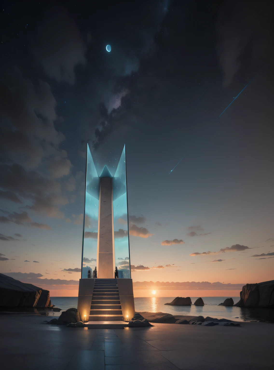 Located on a stone platform,creating a thin monolith, The mirrored obelisk reflects the sky and sea,Monument,Erection of obelisks in symmetrical shapes,There are stone steps in the middle of the stele,A man stood on the steps, the whole, in awe、towering,It is surrounded by the moon and starry sky over the sea,The bright full moon echoes in the galactic sky,shoreline,The sea is turquoise-colored