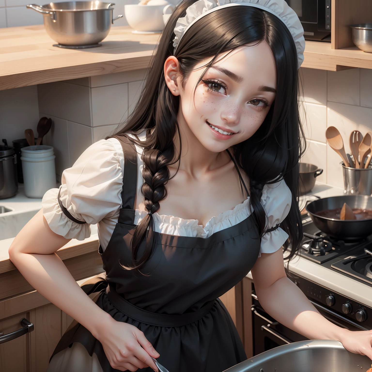 a closeup portrait of a playful maid, long black hair, natural, apron, amazing body, pronounced feminine feature, kitchen, [curly|black hair], freckles, smiling to the camera