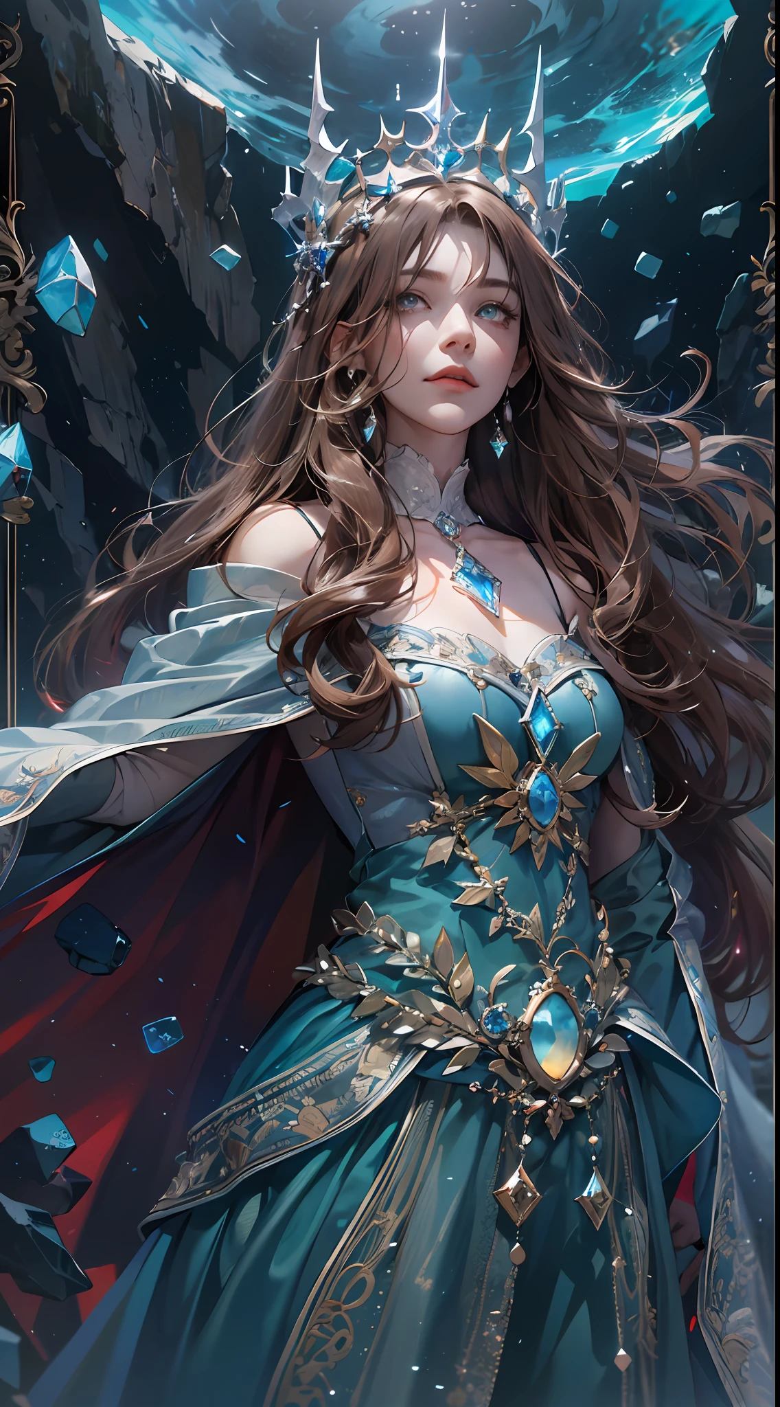 (absurdres, highres, ultra detailed), 1woman, mature female, aged up, wavy long hair, auburn hair, coral eyes, bangs, long sleeves, finely detailed eyes and detailed face, extremely detailed CG unity 8k wallpaper, intricate details, (style-swirlmagic:1.0),  looking at viewer, solo, upper body, detailed background, close up,  detailed face, (gothic dark ages theme:1.1), crystal sorcerer,  dynamic pose, earth themed clothes, crystal crown,  floating in the air, glowing magical shards, surrounded by blue magical crystals,  rock formations, stalactites,  magical floating particles, crystal glass,  crystal sphere, crystal canyon background, (shallow water:0.7),  epic ethereal atmosphere,   updraft,, portrait