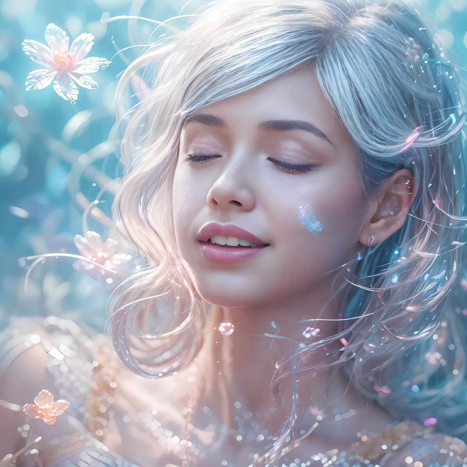 a beautiful girl is sitting on the beach,smile with one eye closed,Crystal spring flower, Pink white gradient, water drop, Fantastical, galaxies, Transparent, Light blue leaves, brilliance, aqua, colorful, Magical photography of light blue leaves, dramatic illumination, Photo realism, Ultra detailed, depthoffield, high resolusion, parted bangs, silver hair, Sparkle, god rays, projected inset, from above, 4k, anatomically correct, UHD