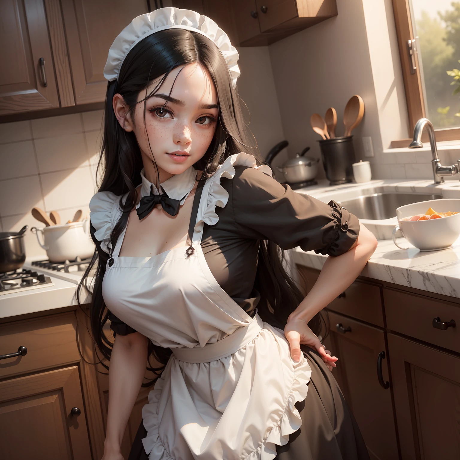 a closeup portrait of a playful maid, long black hair, natural, apron, amazing body, pronounced feminine feature, kitchen, [curly|black hair], freckles, flirting with camera