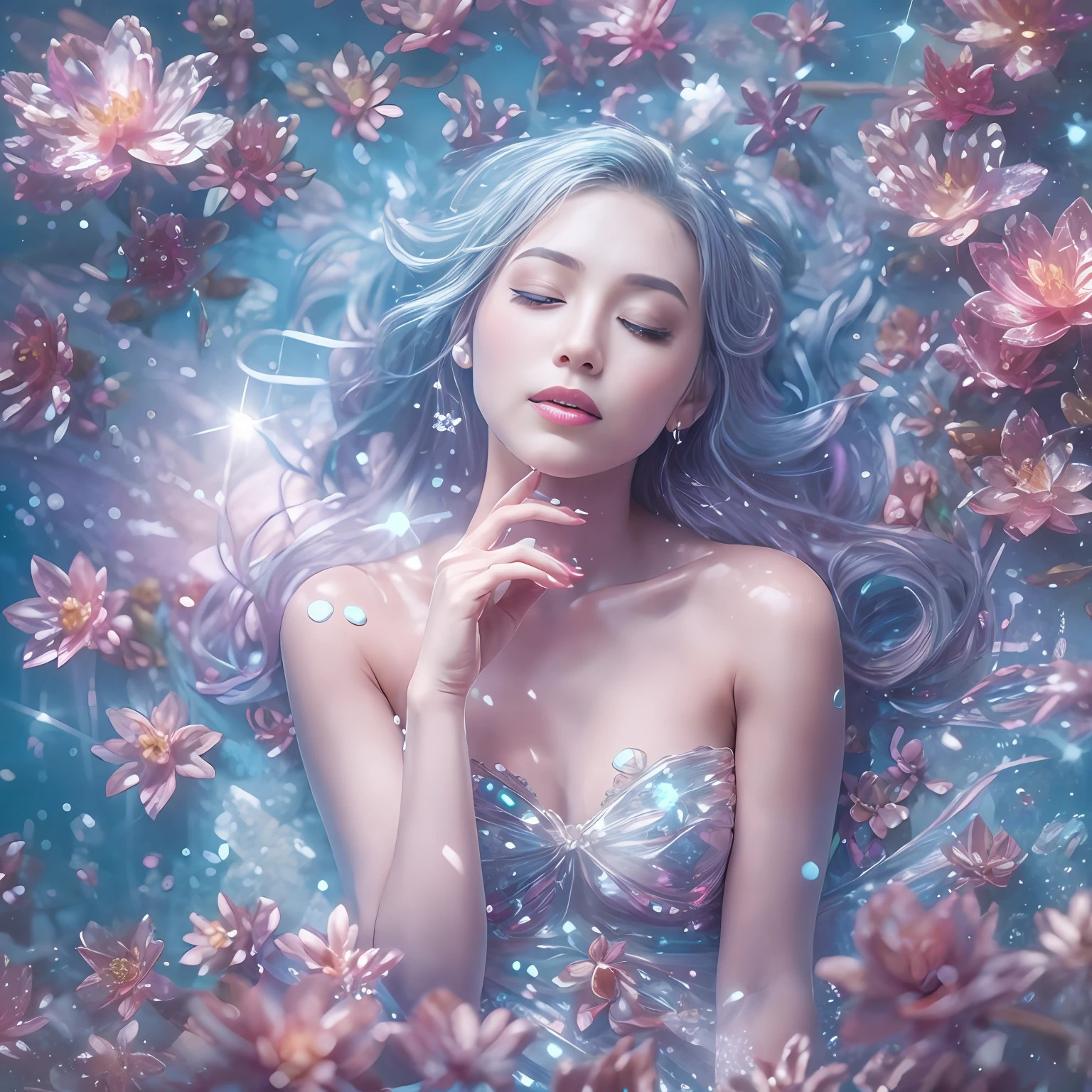 a beautiful girl is sitting on the beach,smile with one eye closed,Crystal spring flower, Pink white gradient, water drop, Fantastical, galaxies, Transparent, Light blue leaves, brilliance, aqua, colorful, Magical photography of light blue leaves, dramatic illumination, Photo realism, Ultra detailed, depthoffield, high resolusion, parted bangs, silver hair, Sparkle, god rays, projected inset, from above, 4k, anatomically correct, UHD