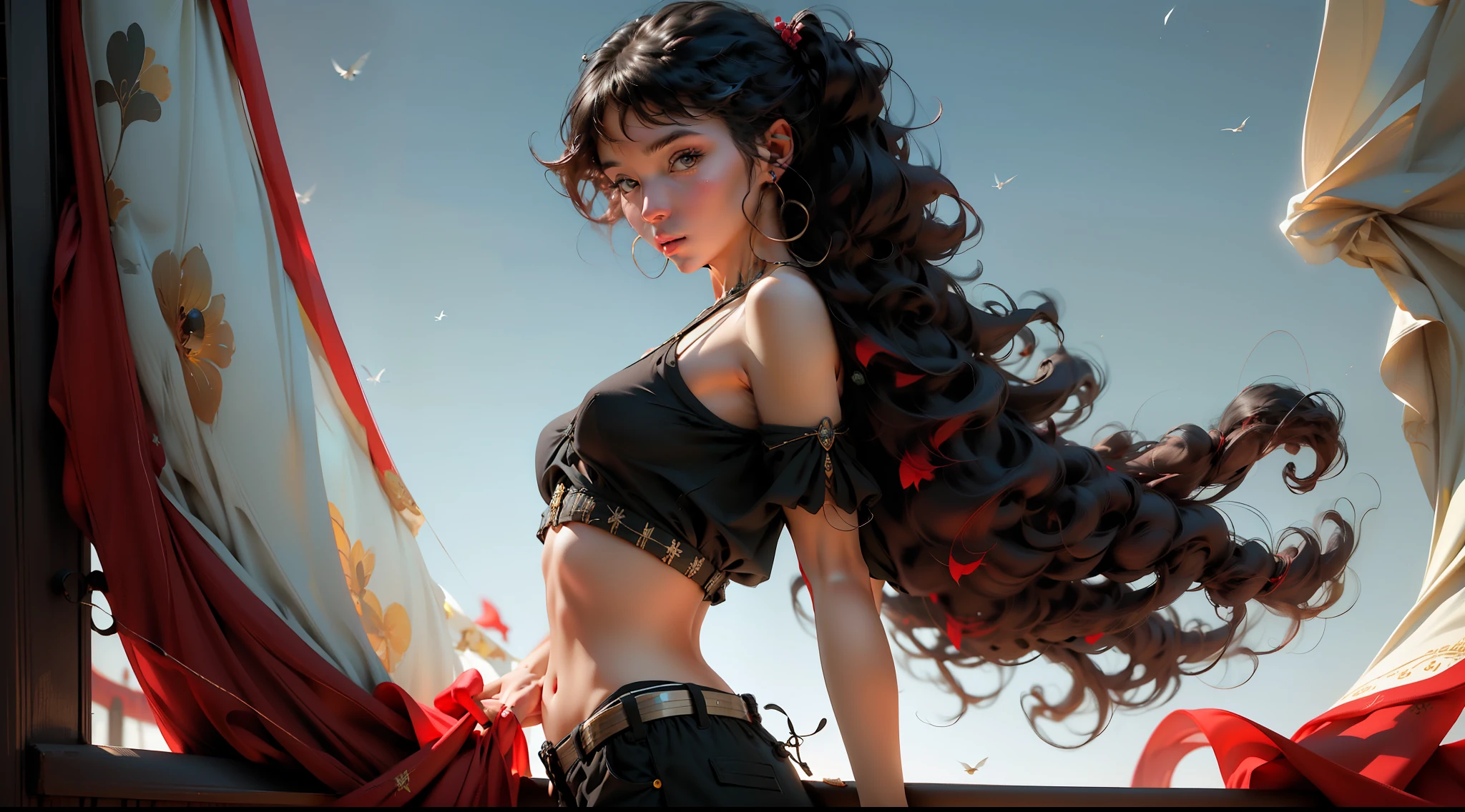 The girl is petite,Stand on a plank on the deck of the ship,With your hands on the railing, you gaze into the distance。She has black hair,Black colored eyes,There are also two ponytails。She wears a white short-sleeved shirt and hot pants,Sea gulls,There are sailboats。The image was created with digital painting,It adopts a back-side composition and an ultra-wide angle 0.1x prime lens,The small aperture is 2.8。This is a high-quality film、Great work in high resolution,Perfect for the style of West or Skoog。