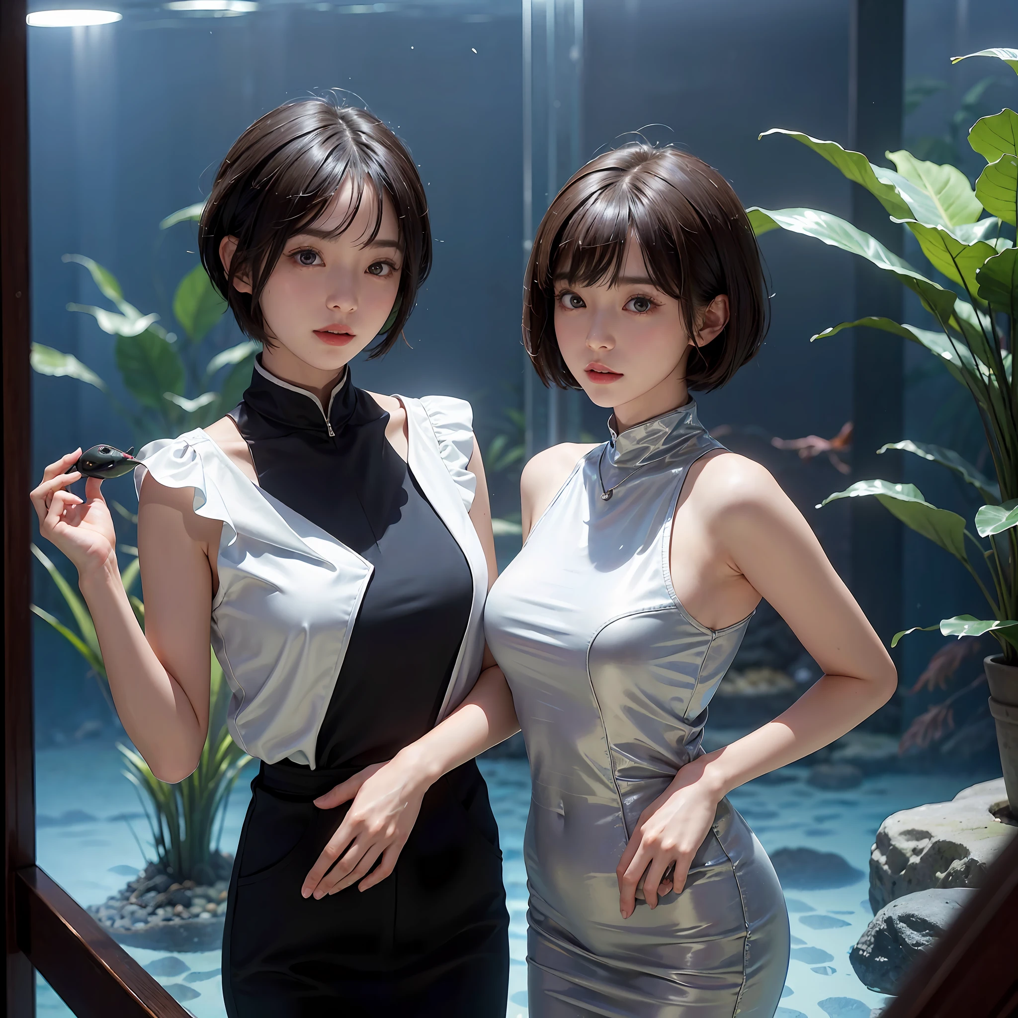 (((a 20 yo woman)))、((aquariums))、​masterpiece, 1 beautiful girls, (((very_Short_hair))), Eye details, Swollen eyes, Top image quality, 超A high resolution, (Realistis: 1.4), OriginalPhotographs, 1girl in, Cinematographic lighting, japanes, very beautif, Beautiful skins, (A hyper-realistic), (hight resolution), (8 K), (ighly detailed), (The best illustrations), (beautifully detailed eyes), (ultra-detailliert), A detailed face, look at a camera, Facing straight ahead, Neat Clothing, shorth hair、A dark-haired、46-point diagonal bangs、((aquariums))