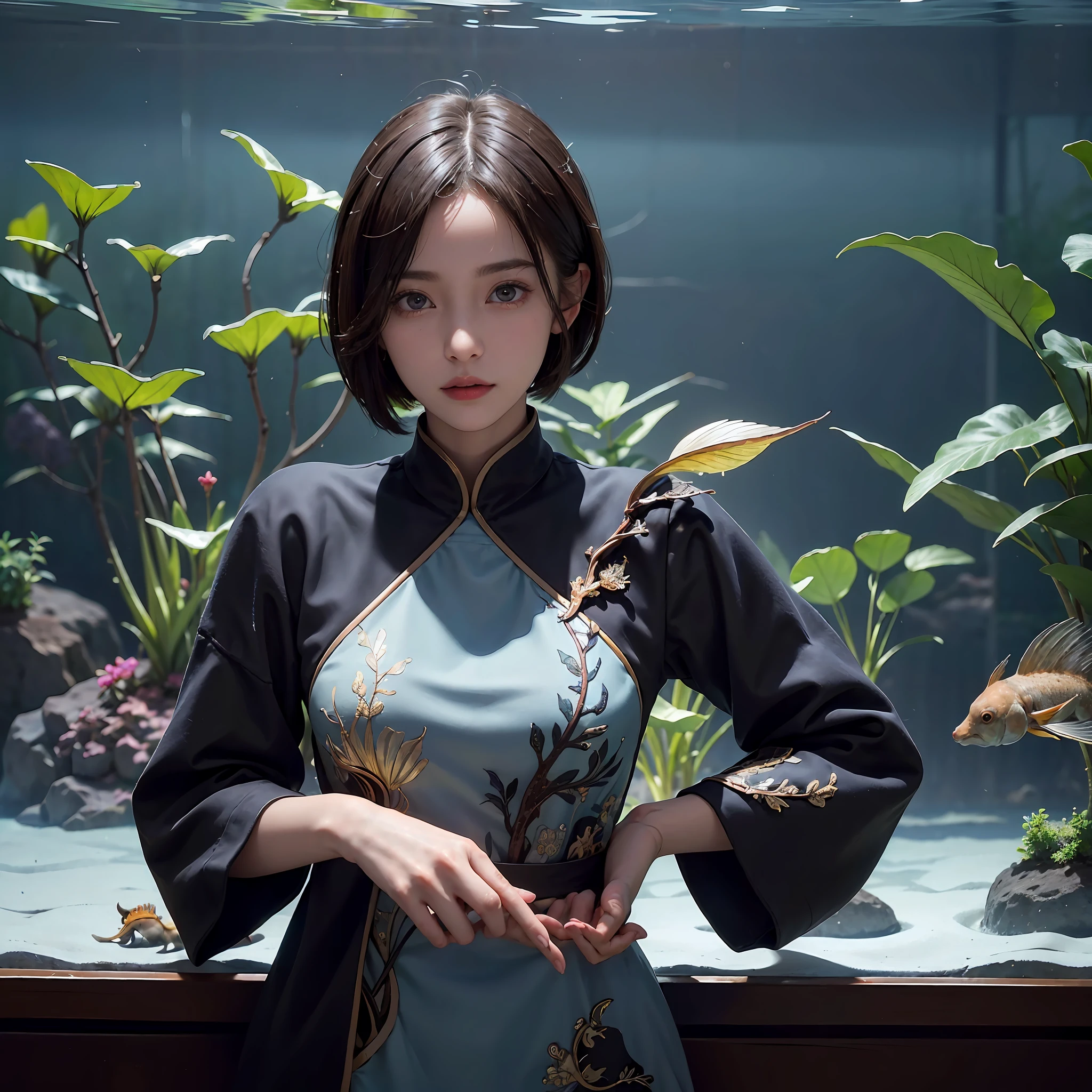 (((a 20 yo woman)))、((aquariums))、masterpiece, 1 beautiful girls, (((very_Short_hair))), Eye details, Swollen eyes, Top image quality, 超A high resolution, (Realistis: 1.4), OriginalPhotographs, 1girl in, Cinematographic lighting, japanes, very beautif, Beautiful skins, (A hyper-realistic), (hight resolution), (8 K), (ighly detailed), (The best illustrations), (beautifully detailed eyes), (ultra-detailliert), A detailed face, look at a camera, Facing straight ahead, Neat Clothing, shorth hair、A dark-haired、46-point diagonal bangs、((aquariums))