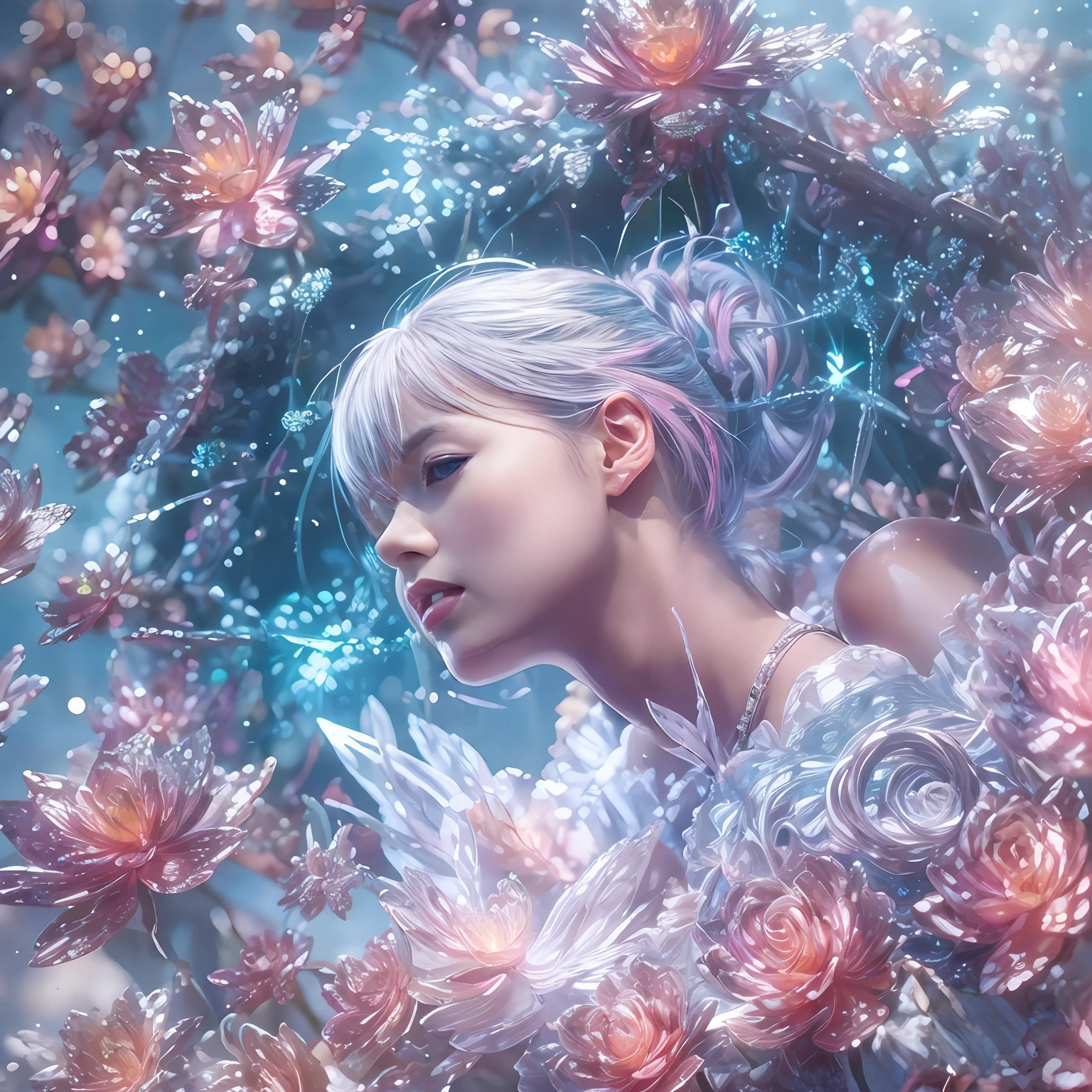 a beautiful girl is sitting on the beach,winking,Crystal spring flower, Pink white gradient, water drop, Fantastical, galaxies, Transparent, Light blue leaves, brilliance, aqua, colorful, Magical photography of light blue leaves, dramatic illumination, Photo realism, Ultra detailed, depthoffield, high resolusion, parted bangs, silver hair, Sparkle, god rays, projected inset, from above, 4k, anatomically correct, UHD