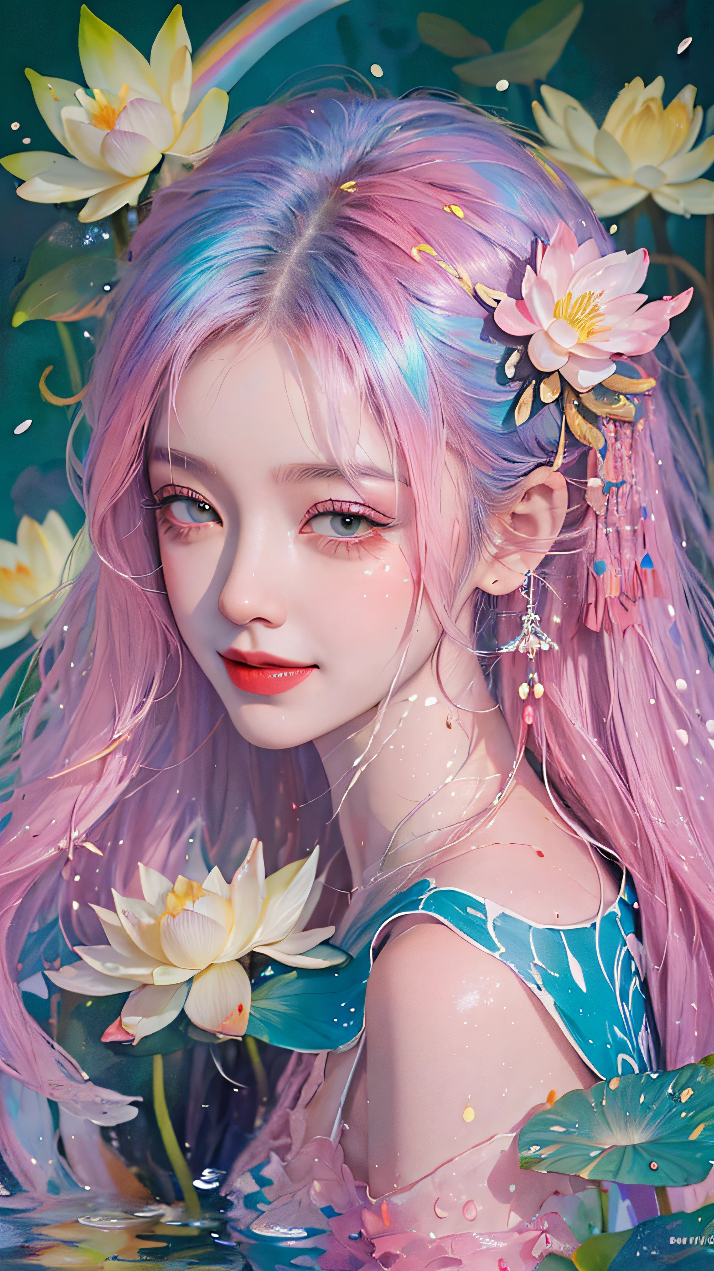 (Masterpiece, Best Quality, High Resolution), lotus Background, ((Paint Splash, Color Splash, Splash of Ink, Color Splash)), ((Sweet Chinese Girl, Rainbow Hair)), Pink Lips, Front, Upper Body,lotus in the background, lotus in the water,smiles