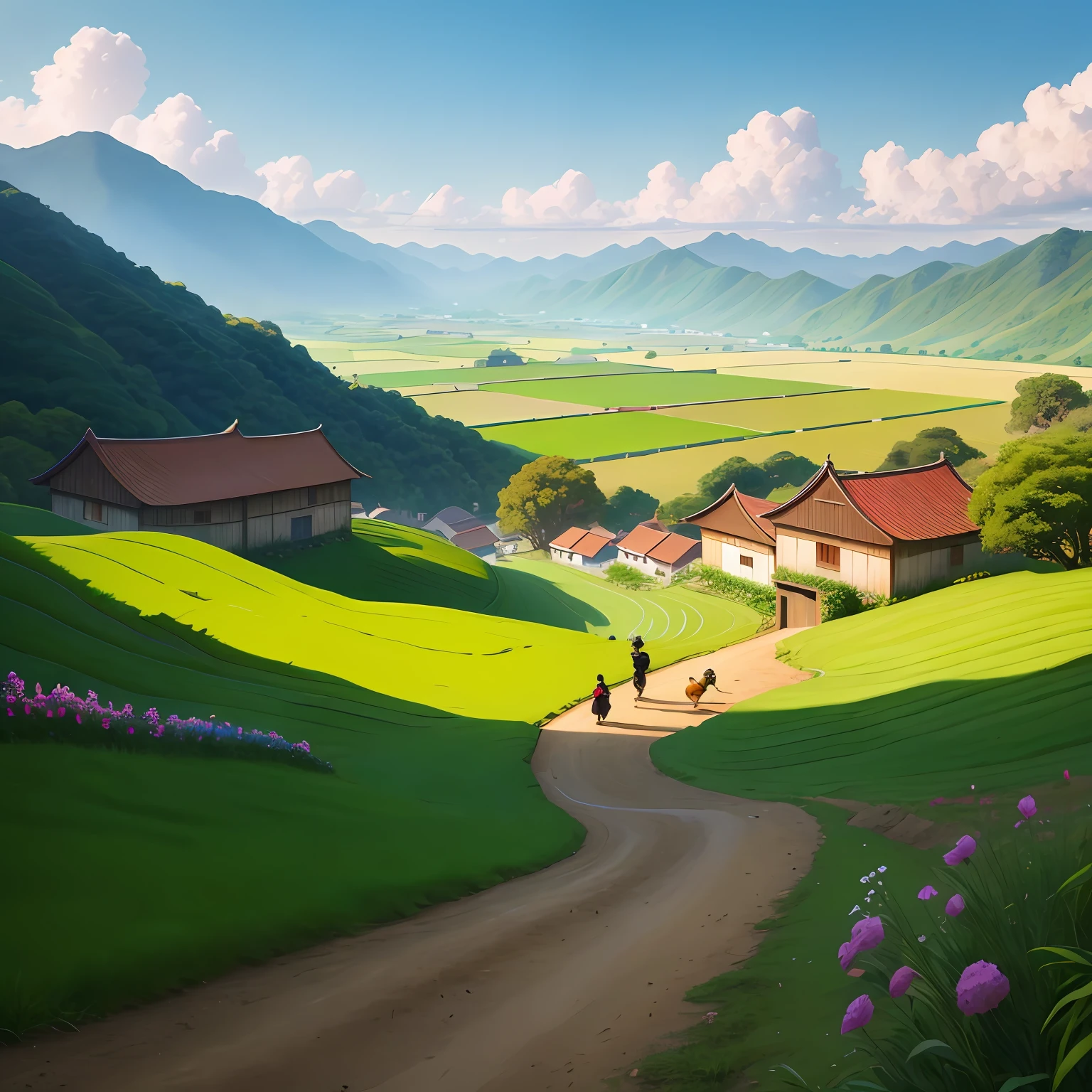 level valley, with houses and fields and farms. There were bamboos and mulberries; farmers were working and dogs and chickens were running about. The dresses of the men and women were like those of the outside world, and the old men and children appeared very happy and contented