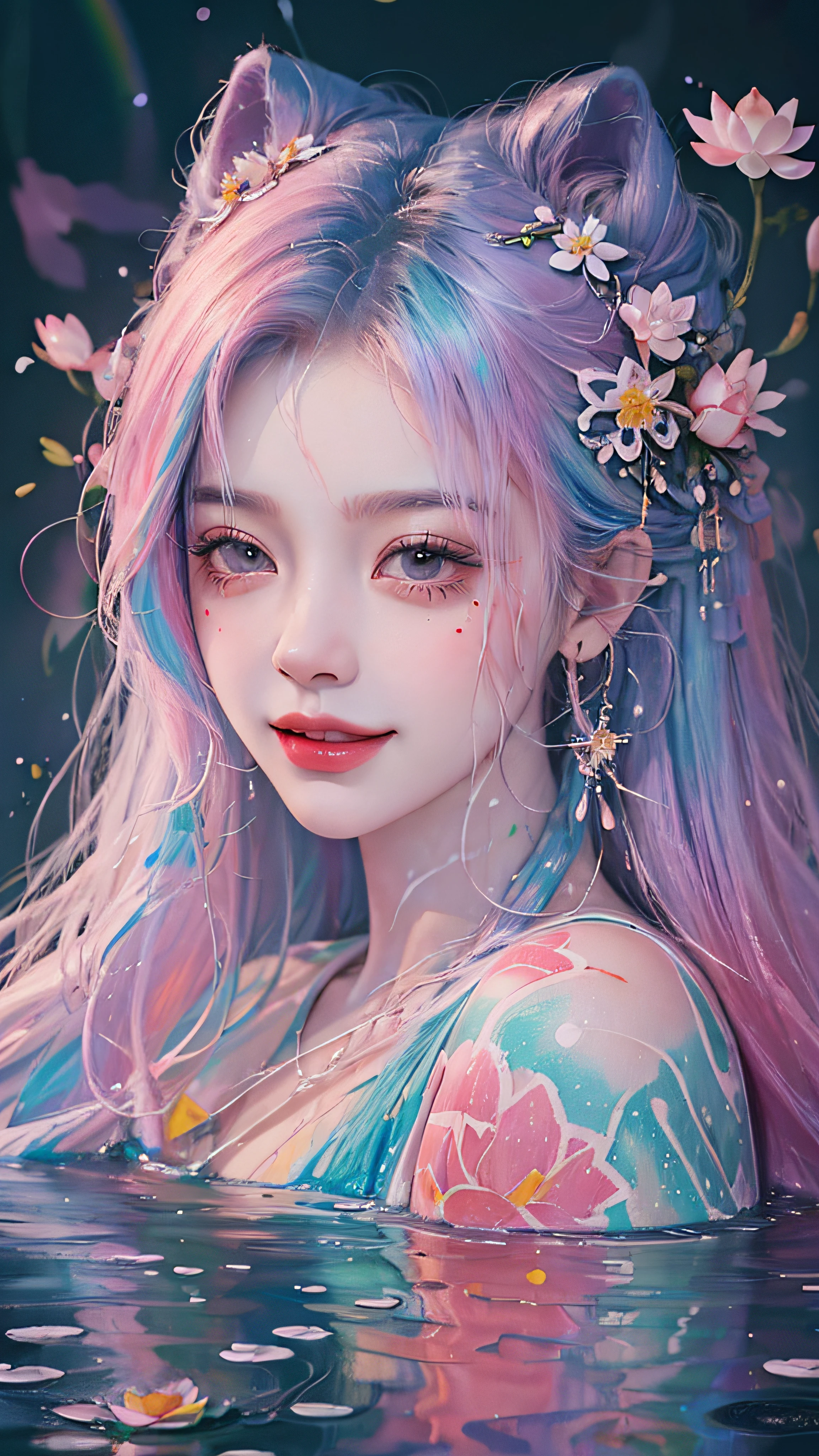 (Masterpiece, Best Quality, High Resolution), lotus Background, ((Paint Splash, Color Splash, Splash of Ink, Color Splash)), ((Sweet Chinese Girl, Rainbow Hair)), Pink Lips, Front, Upper Body,lotus in the background, lotus in the water,smiles
