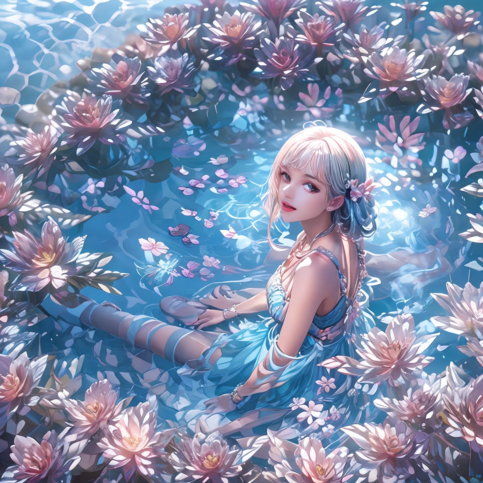 a beautiful girl is sitting on the beach,winking,Crystal spring flower, Pink white gradient, water drop, Fantastical, galaxies, Transparent, Light blue leaves, brilliance, aqua, colorful, Magical photography of light blue leaves, dramatic illumination, Photo realism, Ultra detailed, depthoffield, high resolusion, parted bangs, silver hair, Sparkle, god rays, projected inset, from above, 4k, anatomically correct, UHD