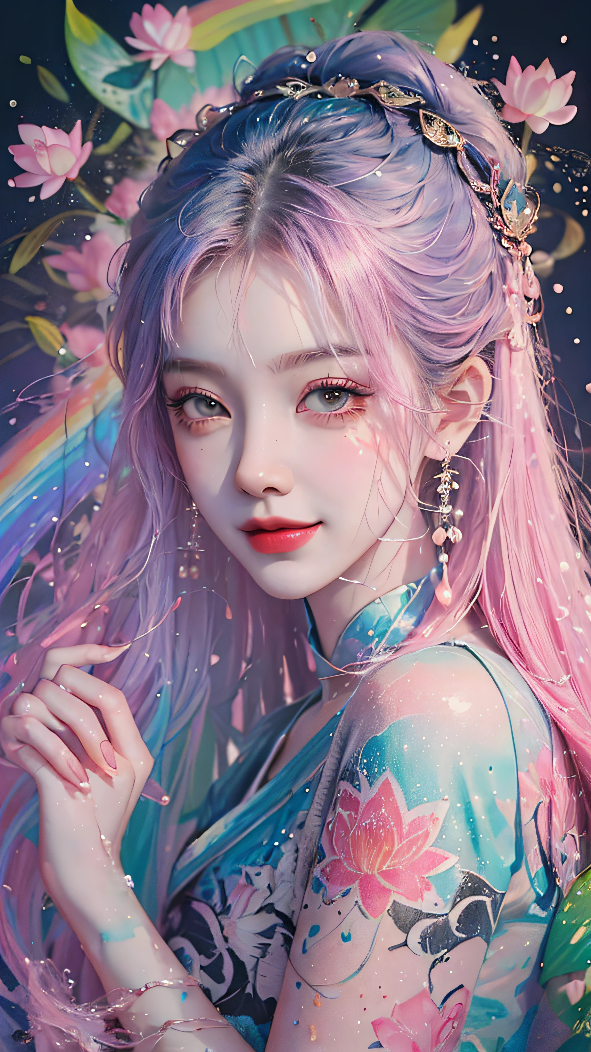 (Masterpiece, Best Quality, High Resolution), lotus Background, ((Paint Splash, Color Splash, Splash of Ink, Color Splash)), ((Sweet Chinese Girl, Rainbow Hair)), Pink Lips, Front, Upper Body,lotus in the background, lotus in the water,smiles