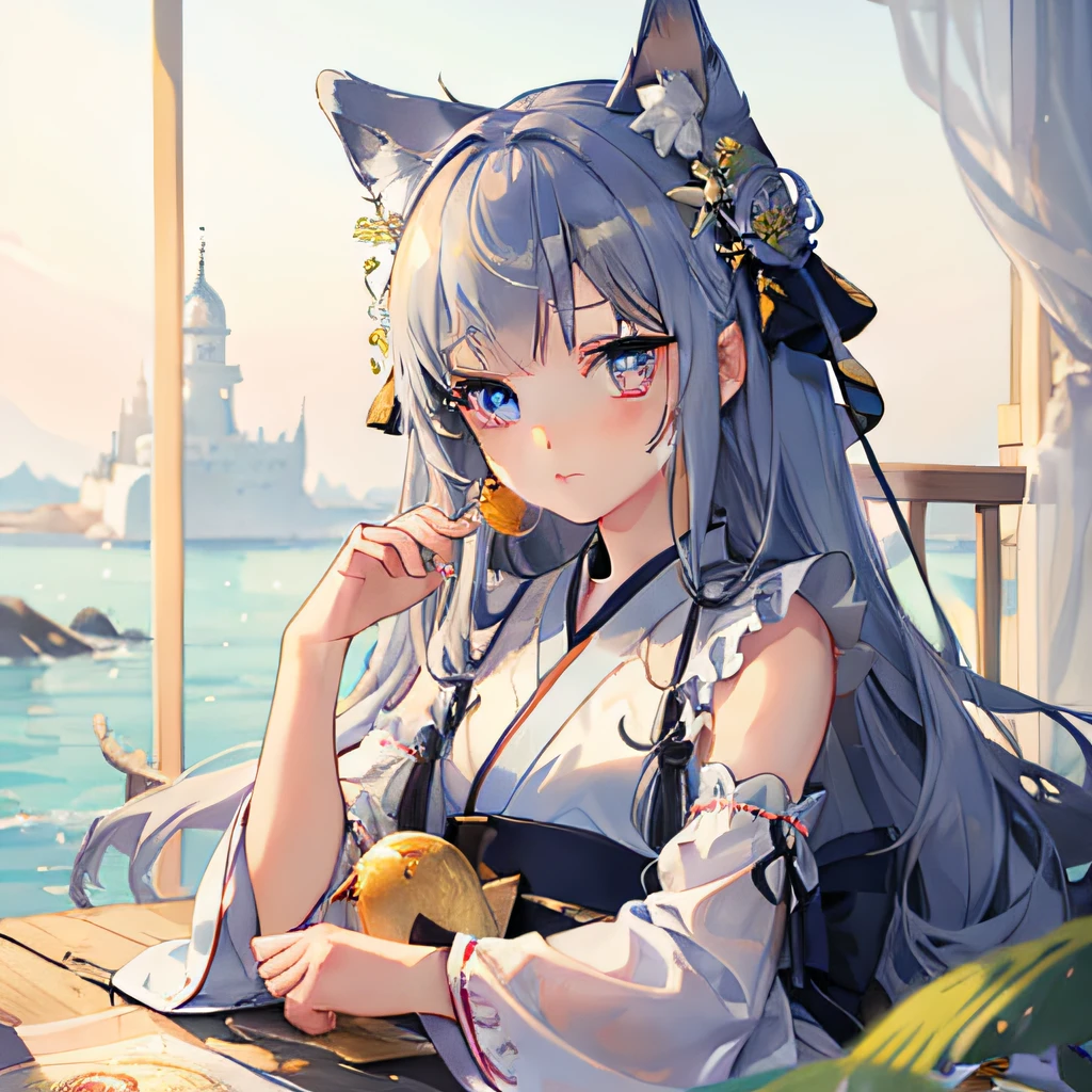 (:1.5),Lace,ribbon,Hanfu,(Masterpiece, side-lighting, Beautiful golden eyes,Exquisite details: 1.2), Masterpiece, Realistic, Glowing eyes,Shiny hair, Hair as white as snow,long whitr hair, Glossy glossy skin, Solo, embarressed,No shoulder strap,Exquisite,prettify,sonoko,Flowers,flying petal,Mermaid ears,Adult daughter,Royal Sister,ocean water,fish flocks