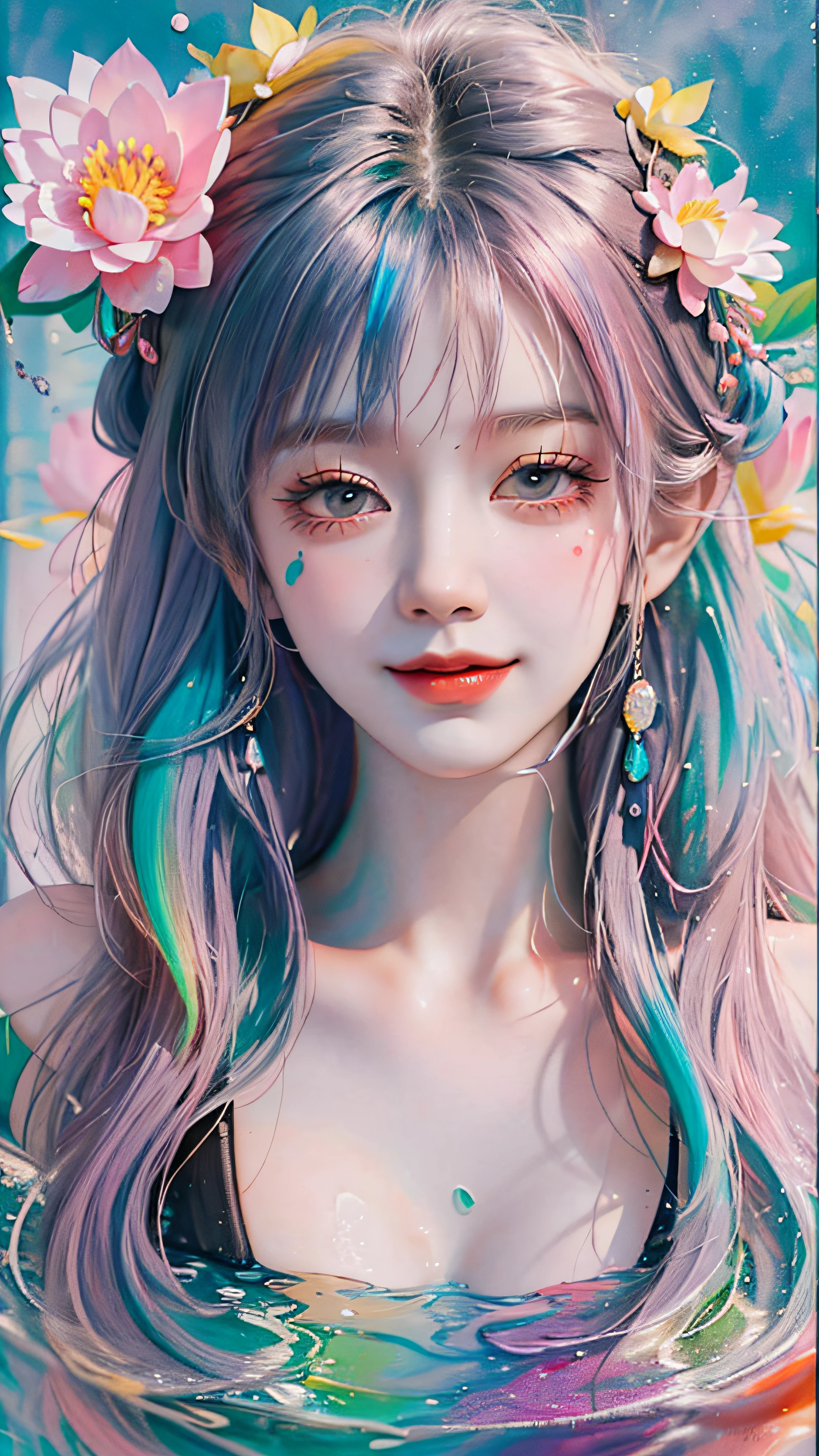 (Masterpiece, Best Quality, High Resolution), lotus Background, ((Paint Splash, Color Splash, Splash of Ink, Color Splash)), ((Sweet Chinese Girl, Rainbow Hair)), Pink Lips, Front, Upper Body,lotus in the background, lotus in the water,smiles