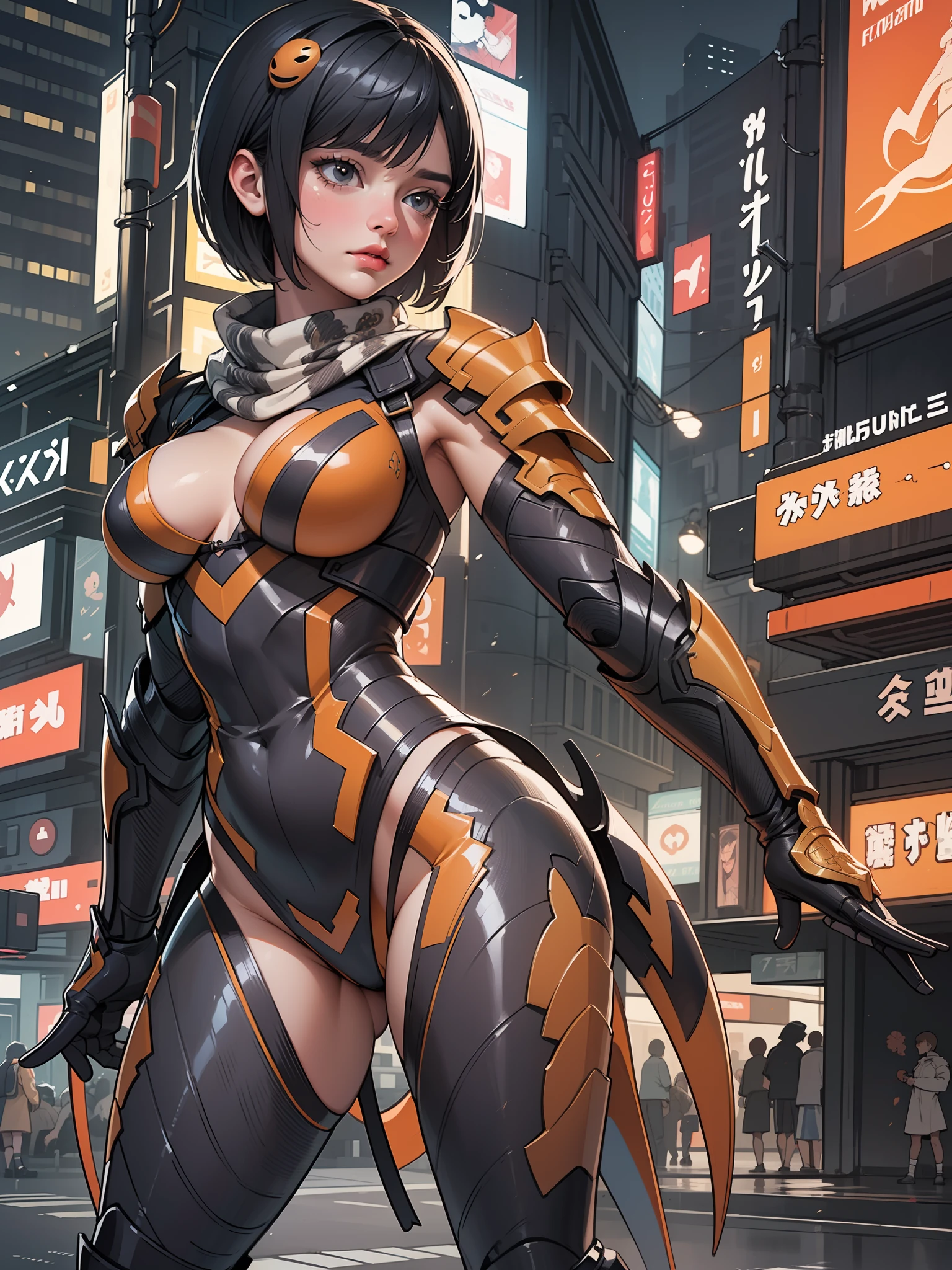 (Artwork of exceptional craftsmanship),(Detailed illustrations,(Very ideal anatomy),Very detailed and detailed drawing,Delicate lines with slow and rapid,(Realistic texture expression)),[Color tressed main line],[Shinjuku background at night],(HENTAI ANIME) (JapaneseNINJAGirl (Beautiful fece) ) petite and muscular [Slim body] Short Bob Cut,([hornet] Orange Ninja Battle Armor) scarf [stall] ((Fitting rubber inner) [honeycomb] [edg]) hair adornments (Dull metallic luster:0.8),gravure [KUNOICHI],(Perfectly proportioned),(Fine and beautiful skin expression [realistic skin detail]),[Design built to the highest level,[Advanced structural understanding of materials],Ideal color coordination],(Intricate and beautiful decoration [Dense detail]),(More on shiny hair),[Perfect hand details [Beautiful Finger]],(Beautiful perfect face [Realistic face details]),[Clear gaze],[long and beautiful eyelashes],[Perfect eye details (Eyes beautifully drawn down to the smallest detail)],(detaileds,high-detail),([Precision Detail],[multi-layer texture],HighQuality,hight resolution),[(Accurate simulation of light-material interactions),Understanding Airflow,Mechanically correct representation],[Visual art that conveys a sense of narrative] [Full body like],[[Desaturation]].