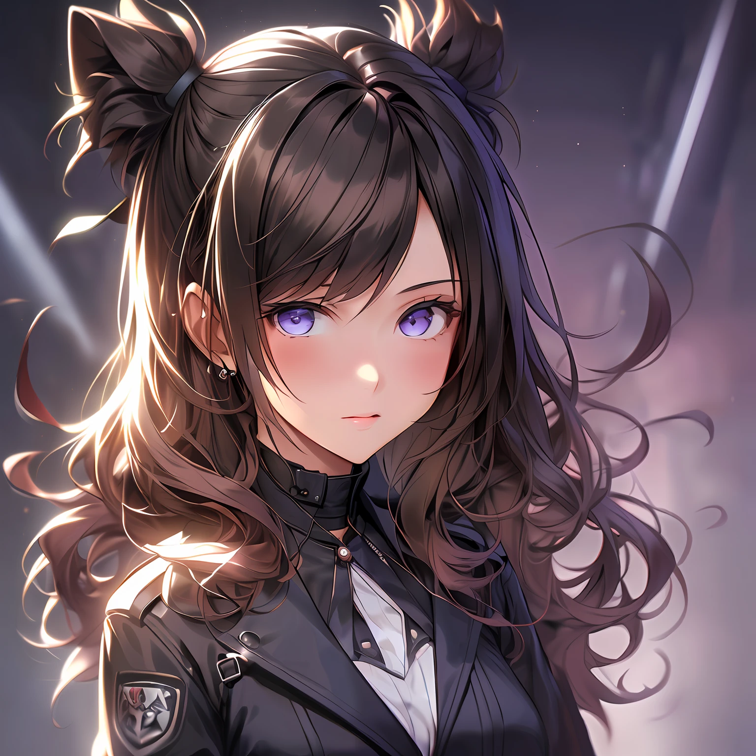 1 girl, wearing a black trench coat, dark brown hair, and light purple eyes, dynamic composition,
